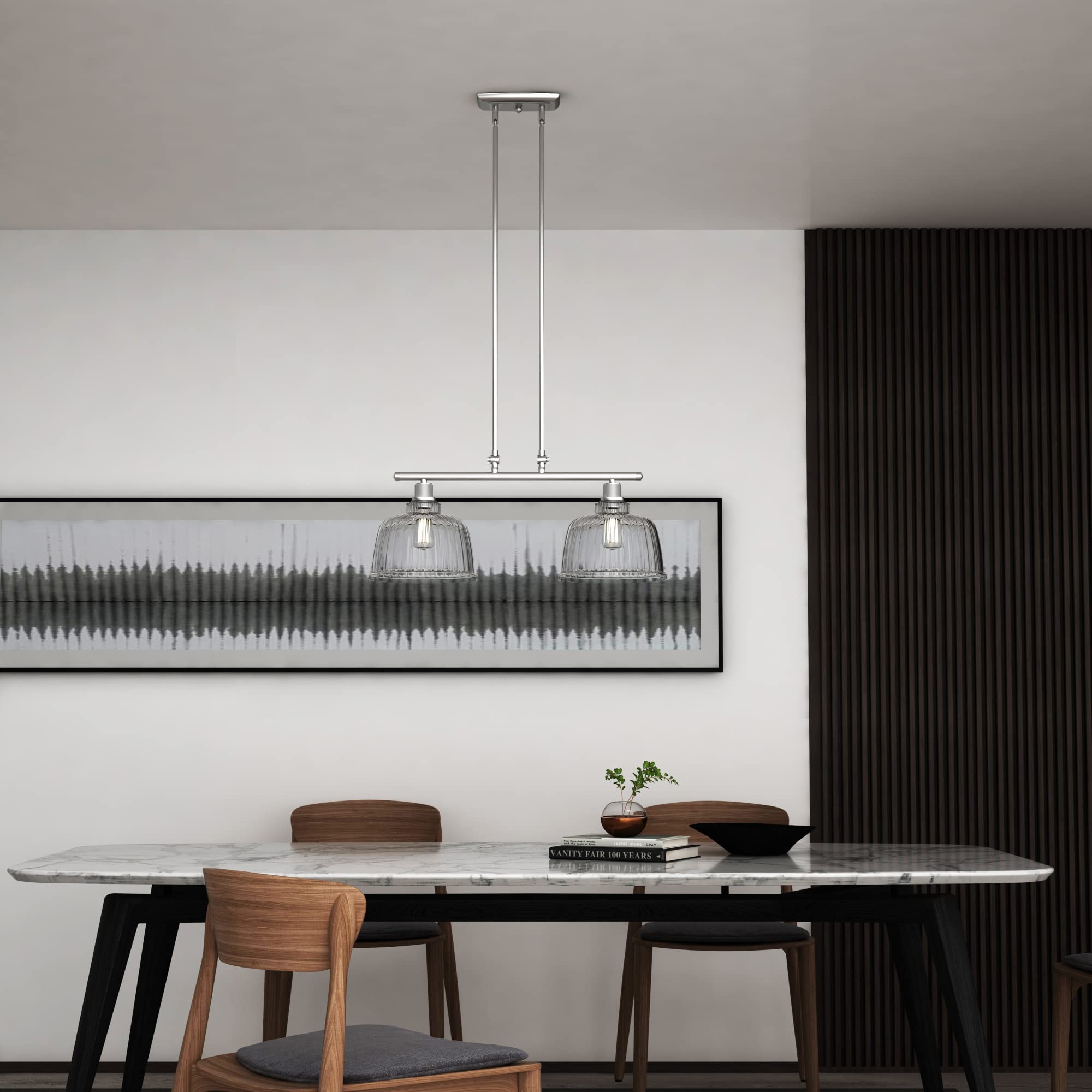 Vanity Art Modern 2-Light Kitchen Island Pendant Light Fixture - Satin Nickel Finish with Clear Glass Shade - Farmhouse Linear Hanging Lamp for Dining Room, Bar Counter, and Kitchen Ceiling Lighting (IL209-2SN-CL)