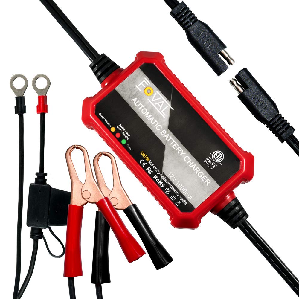 Foval 12V 1000mA Smart Automatic Trickle Battery Charger - Maintains Car, Motorcycle, RV & Marine Batteries - Perfect for Winter Storage & Long-Term Vehicle Maintenance