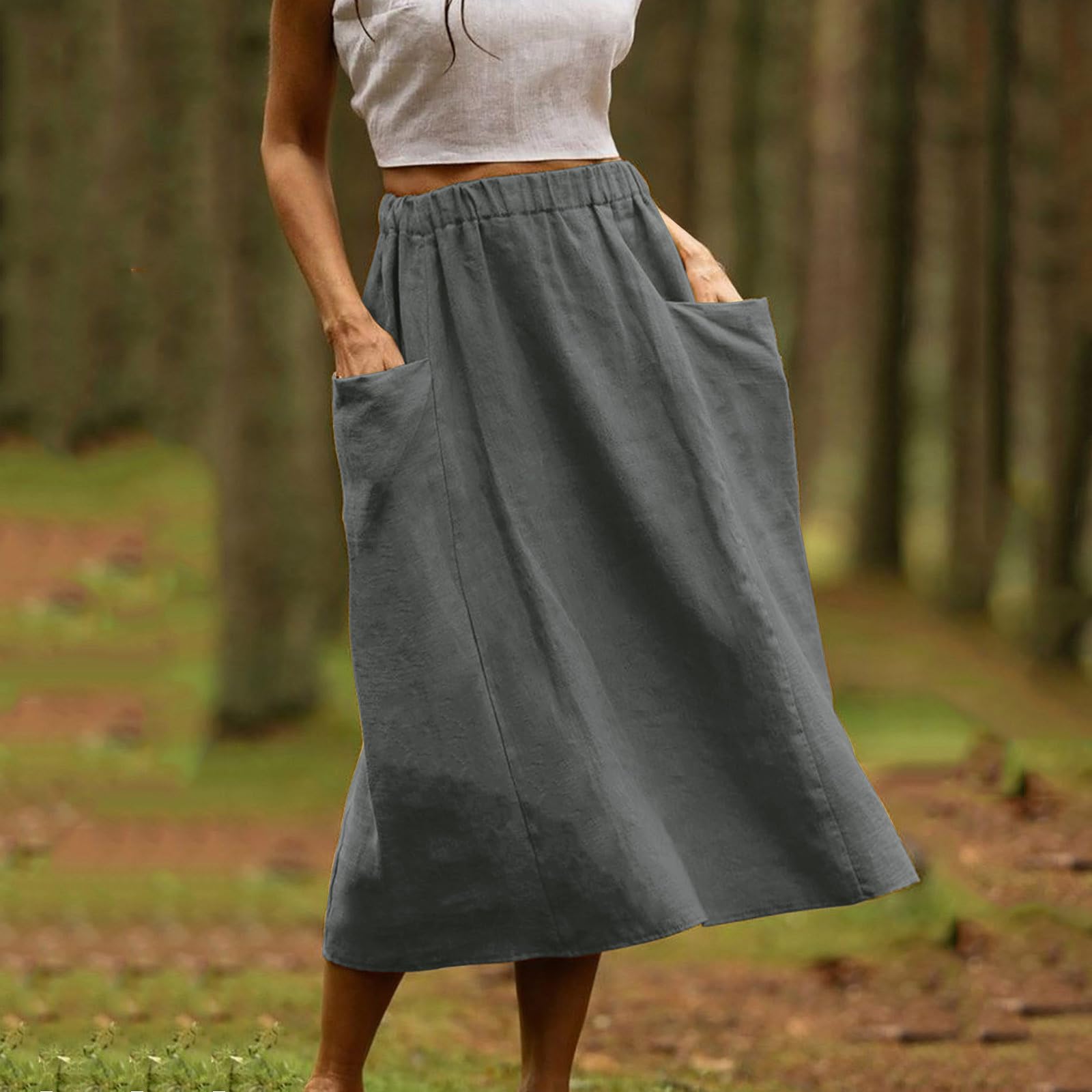 Women's Elastic Waist A-Line Midi Skirt with Pockets - Stretchy Flared Swing Skirt for Casual Wear, Beach & Vacation Outfits | Perfect for Summer, Travel & Everyday Fashion