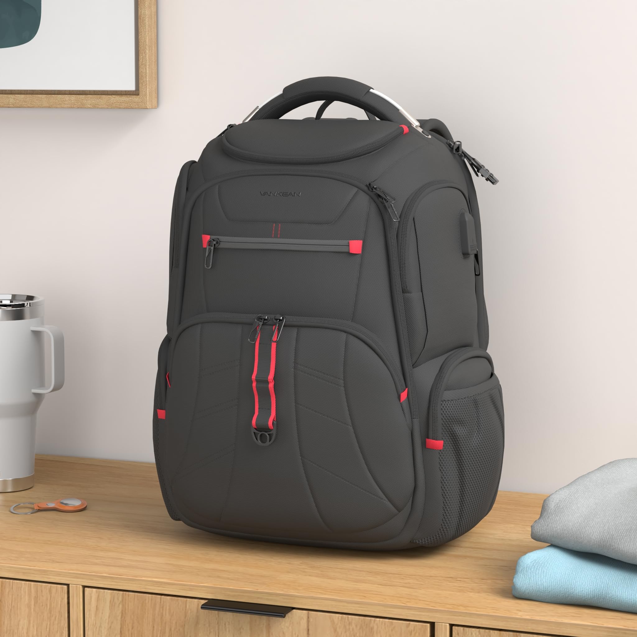 VANKEAN 17.3 Inch TSA Approved Laptop Backpack - Water Resistant Anti Theft Business Computer Bag with USB Charging Port & RFID Blocking Pockets for Men & Women - Perfect for Travel, Work & College (Black)