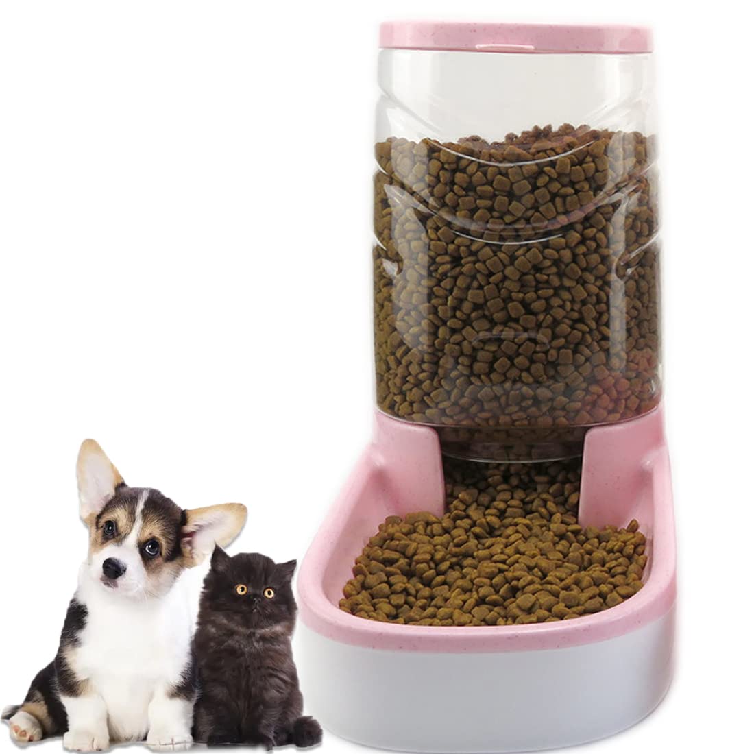 Automatic Cat Feeder & Gravity Dog Feeder - 1 Gallon Large Capacity Self-Dispensing Pet Food Bowl for Small & Medium Pets (Pink) - Perfect for Home, Travel & Busy Pet Owners