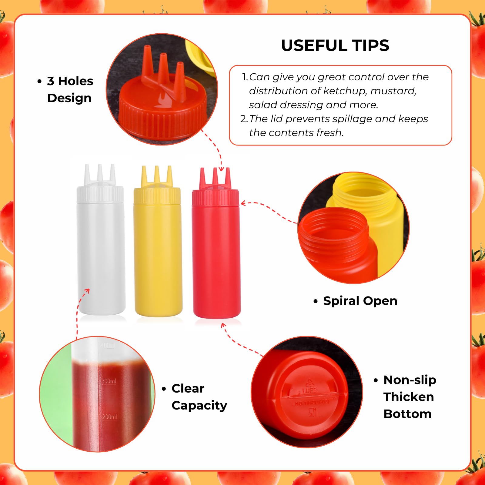 Beyonday 24oz White Seasoning Squeeze Bottles - 3-Hole Ketchup Mustard Dressing Dispenser for Kitchen, Restaurant & Bakery - Perfect for Salad Dressings, Sauces, Condiments & Creams - Ideal for Home Cooking, Food Service & Commercial Use