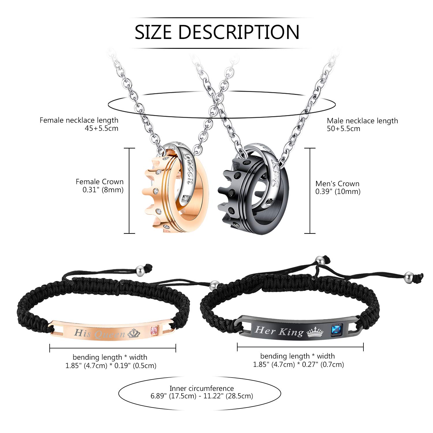 OIDEA Stainless Steel His Queen and Her King Matching Couples Jewelry Sets - Crown Bracelets & Necklace for Christmas, Valentine's Day, Anniversary Gifts - Elegant Gift Box Included - Perfect for Romantic Dates, Proposals, and Wedding Accessories