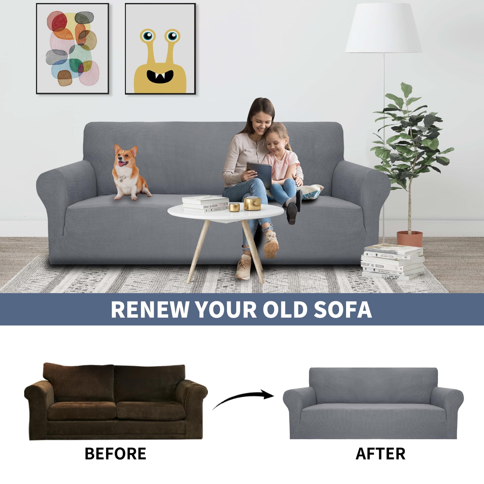 JIVINER Super Stretch Jacquard Sofa Slipcover - 1-Piece Anti-Slip Chair Cover for Living Room, Soft Furniture Protector for 1-Seater Couch, Small Check Design Perfect for Kids & Pets (Light Gray) - Ideal for Home Decor, Pet Owners & Family Use