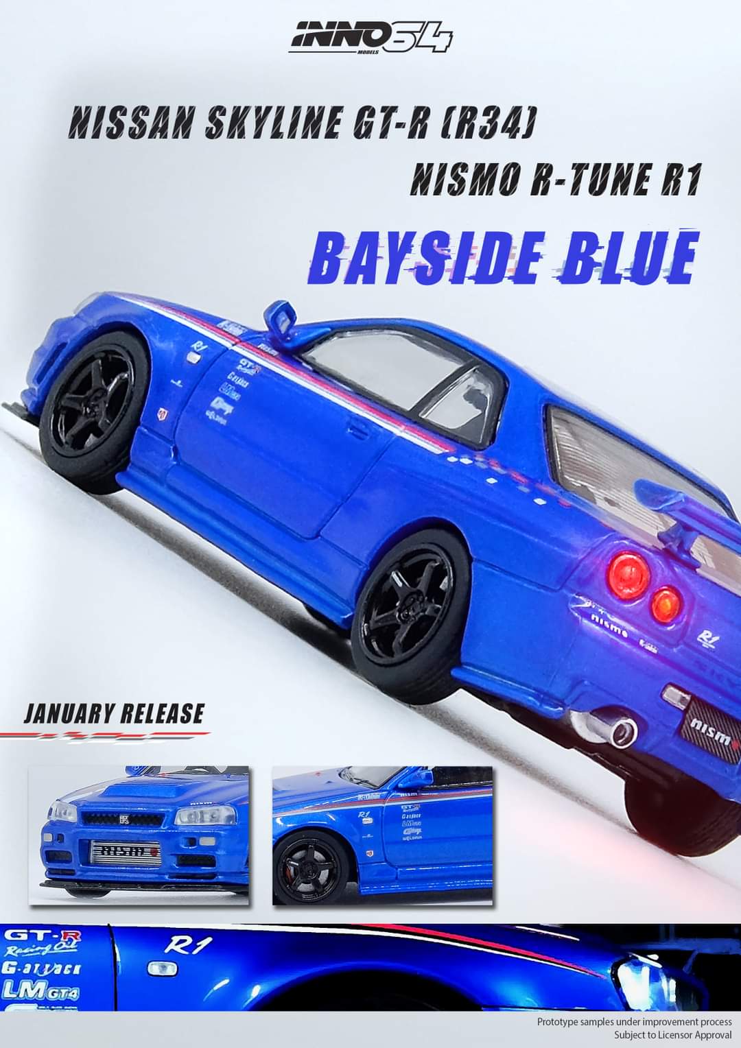 INNO64 1:64 Scale Nissan Skyline GT-R R34 R Tune R1 Diecast Model Car - Bayside Blue - Collectible Miniature for Display, Racing Enthusiasts & Car Lovers