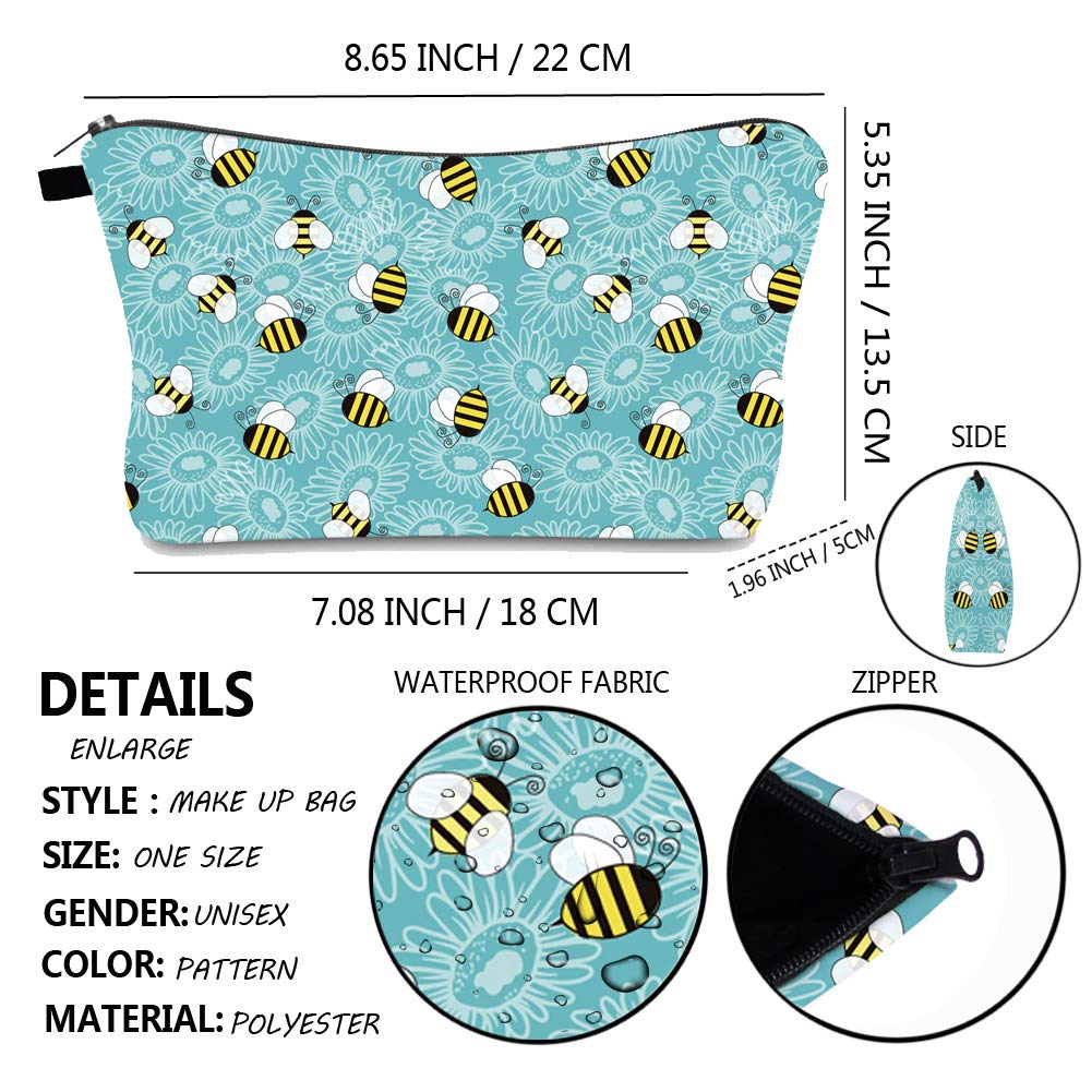 Waterproof Allover Print Makeup Bag Cosmetic Organizer Pouch for Women - Bee Design, Travel Toiletry Bag for Gym, Vacation & Daily Use