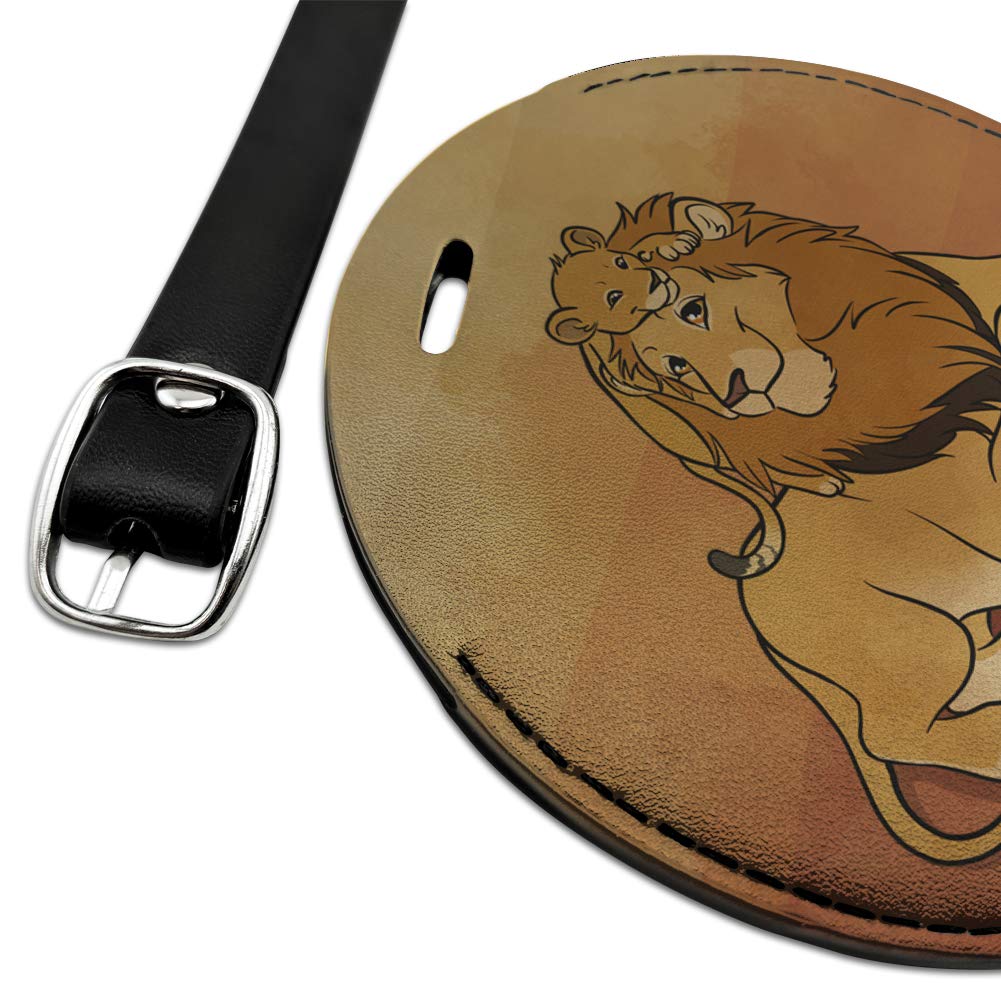 Dad Lion and Cub Round Leather Luggage Tag - Personalized Carry-On ID Tag for Suitcases & Travel Bags | Perfect for Family Trips, Business Travel & Vacation Identification