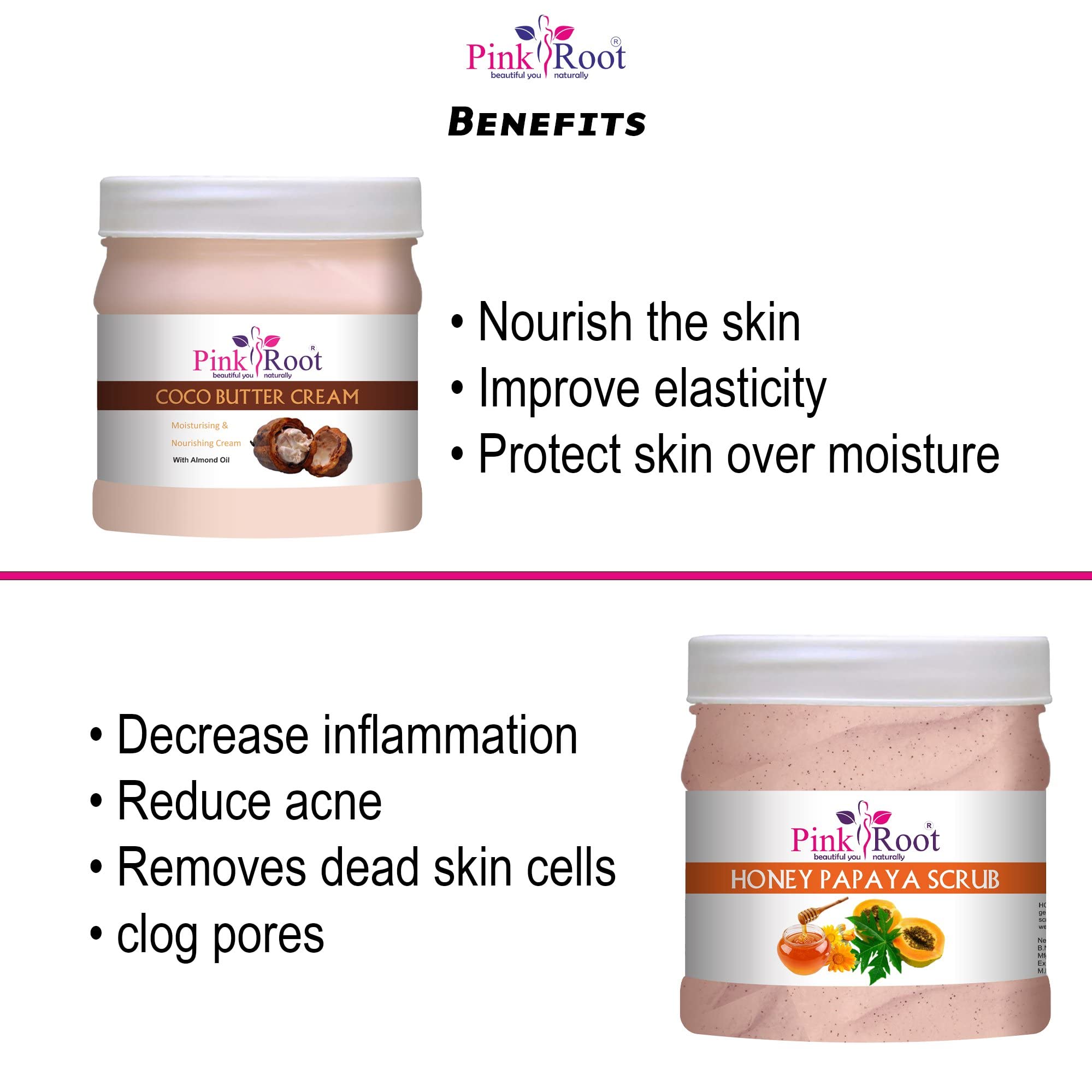 Organic Pink Root Cocoa Butter Cream & Honey Papaya Scrub Set - 500ml Each - Deep Moisturizing & Exfoliating for Dry Skin - Perfect for Body Care & Spa Treatment at Home
