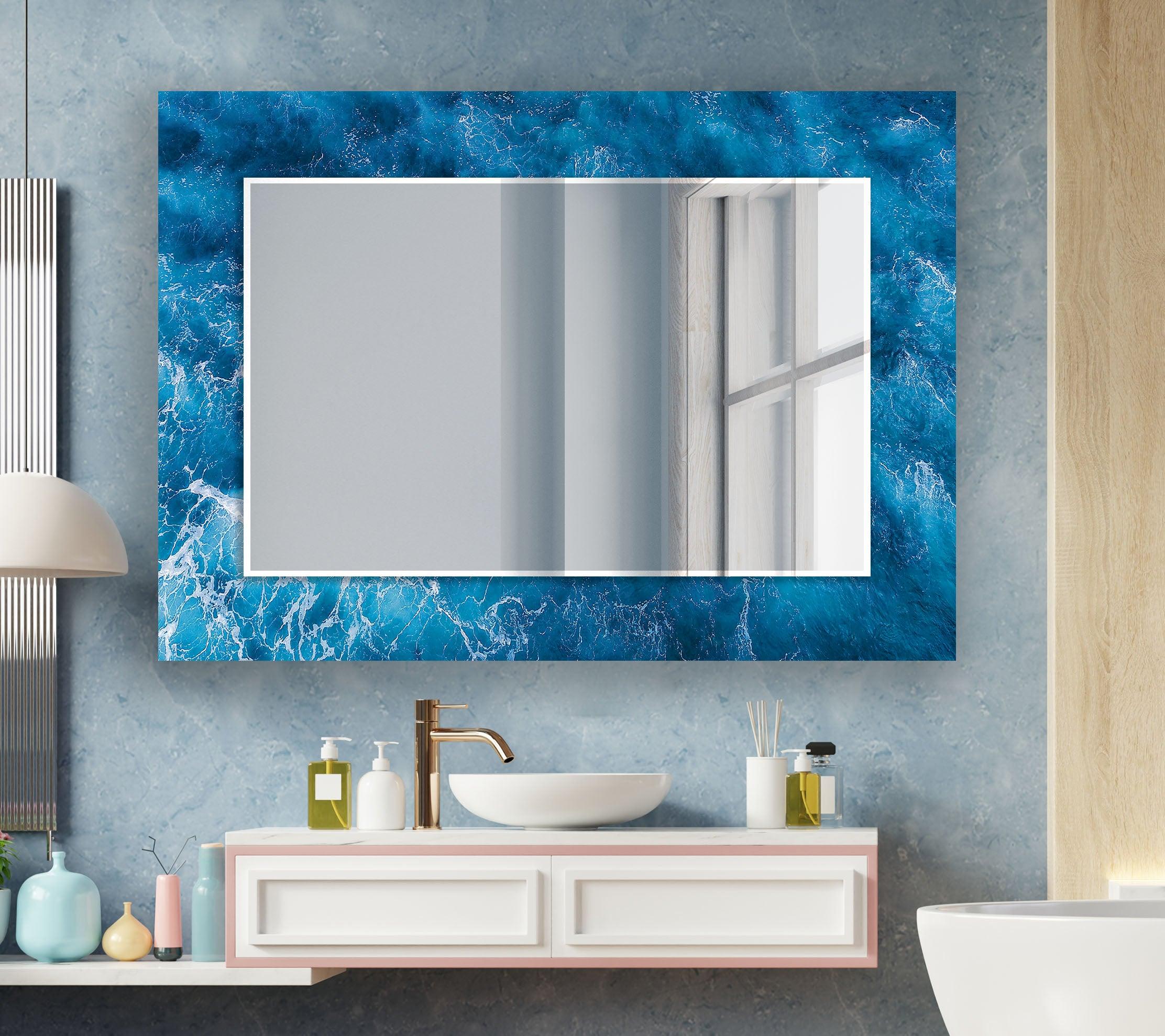 Blue Ocean Wave Wall Mirror - Coastal Decor for Bathroom, Bedroom & Living Room - Stylish Nautical Home Accent for Beach House & Seaside Themed Interiors