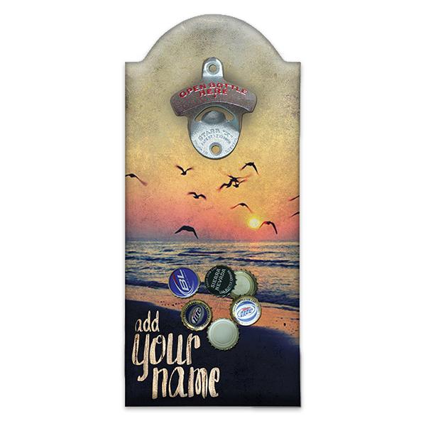 Personalized Wooden Bottle Opener with Magnetic Cap Catcher - Engraved Custom Design for Beer & Soda - Perfect for Beach Parties, BBQs & Outdoor Events (Cool Sunset Pattern)
