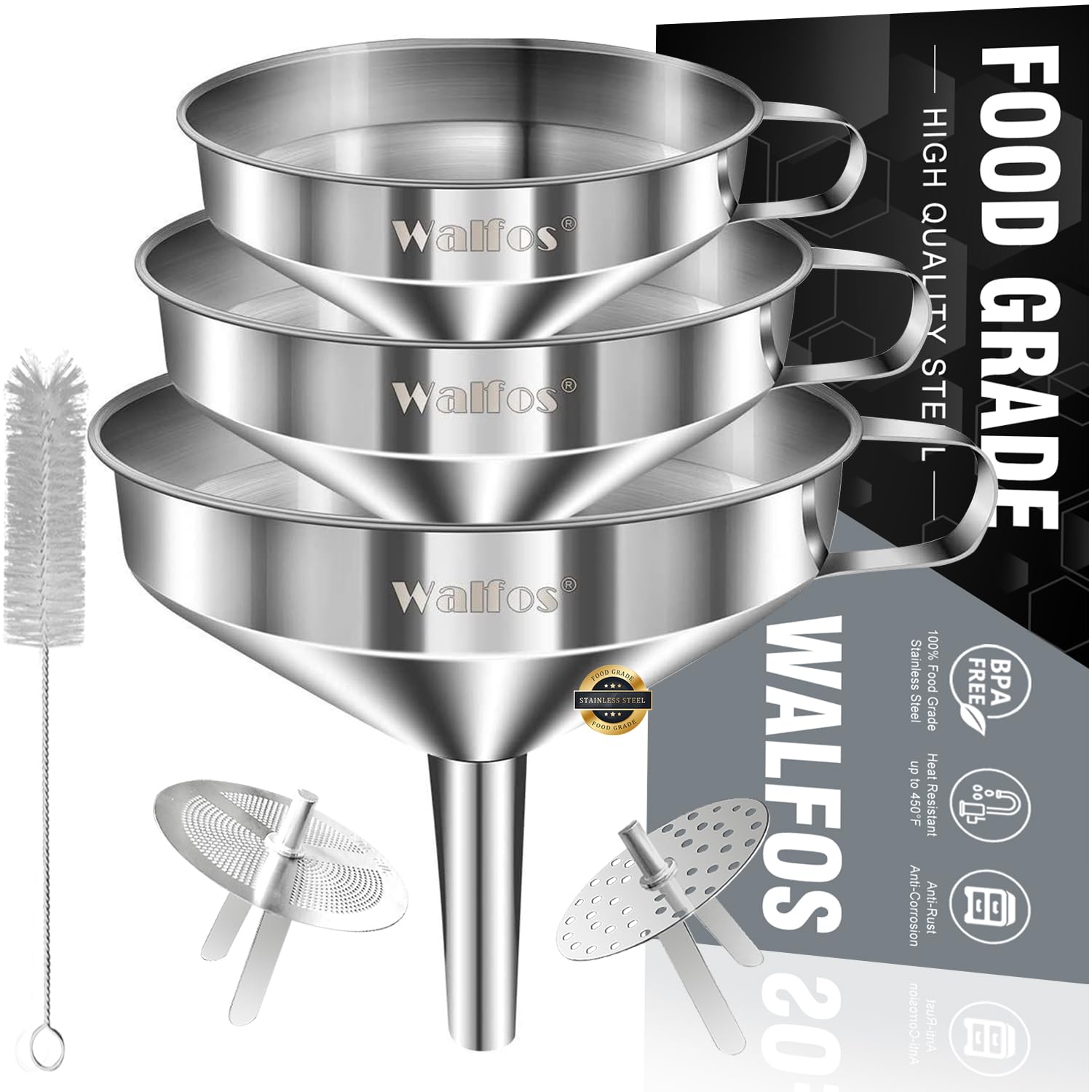 Premium Stainless Steel Kitchen Funnel Set - 3 Pack with 2 Removable Strainers & Cleaning Brush - Ideal for Liquids, Oils, Jam, Dry Ingredients & Powder Transfer - Perfect for Home Cooking, Baking, Canning & DIY Projects