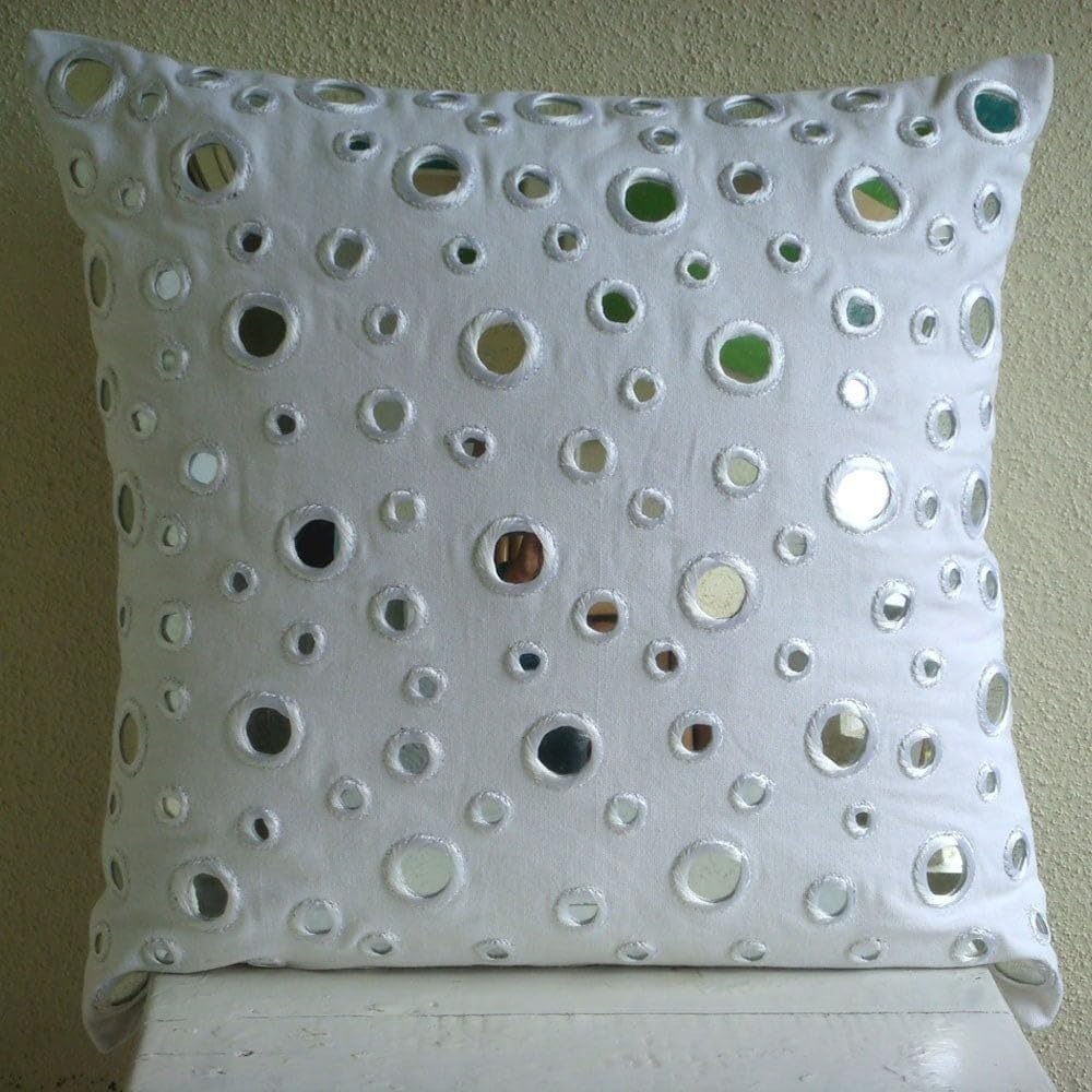 White Polka Dot Pillow Cover 14x14 Inch - Cotton Canvas Square Cushion Case for Sofa, Couch & Bed - Modern Mirror Dot Design Home Decor