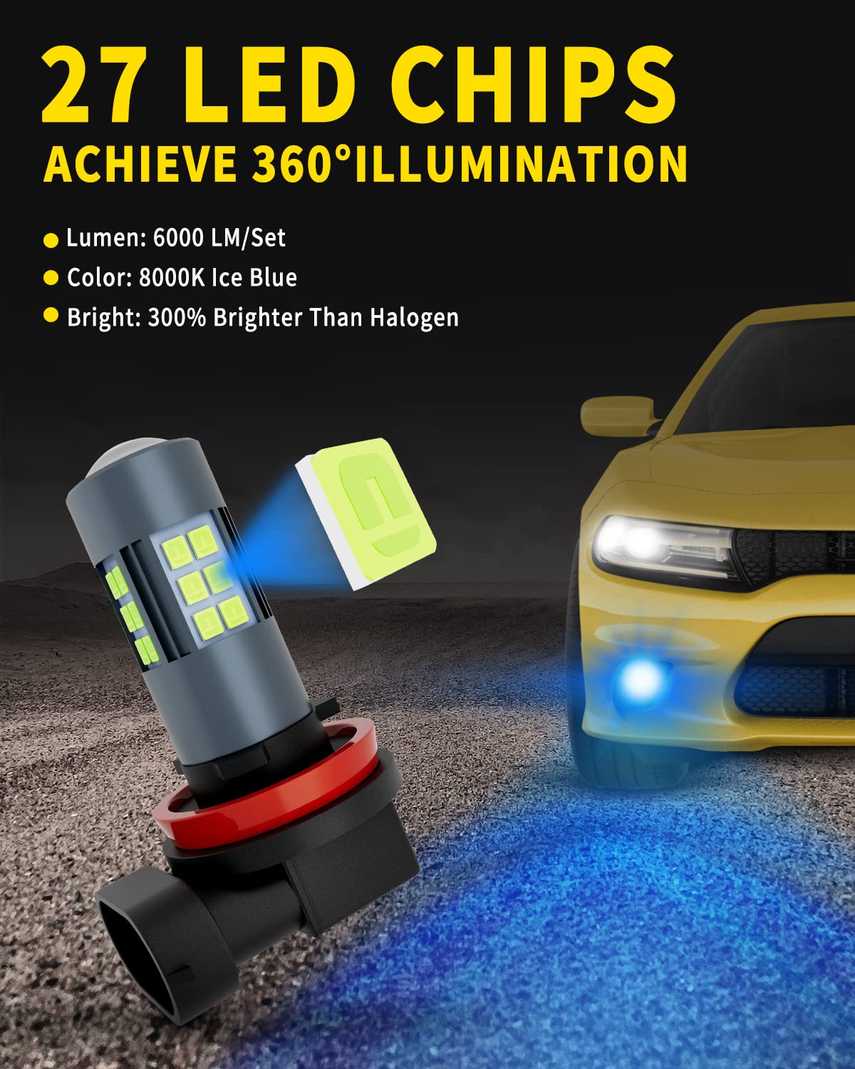 H11 H8 H9 H16 LED Fog Light Bulbs & DRL - 3000 Lumens Super Bright, 8000K Ice Blue, 300% Brighter, Non-Polarity Plug and Play, 360° Illumination with 27 SMD Chips - Perfect for Car, Truck, SUV Headlights & Off-Road Driving (Pack of 2)
