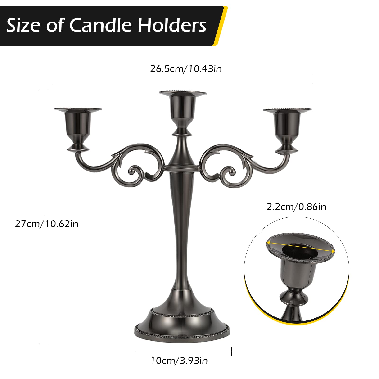 Dyna-Living 3-Arm Black Metal Candelabra Candle Holder for Long Candles - Elegant Wedding, Party & Anniversary Decor (Set of 2) - Perfect for Dining Table Centerpieces, Fireplace Mantels & Romantic Ambiance