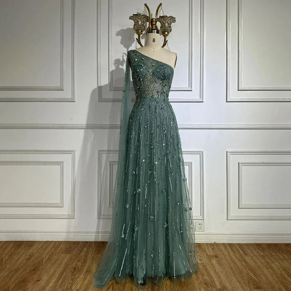 Elegant Turquoise Beaded One Shoulder Evening Gown with Cape Sleeves - LA72503 | Perfect for Prom, Gala & Formal Events