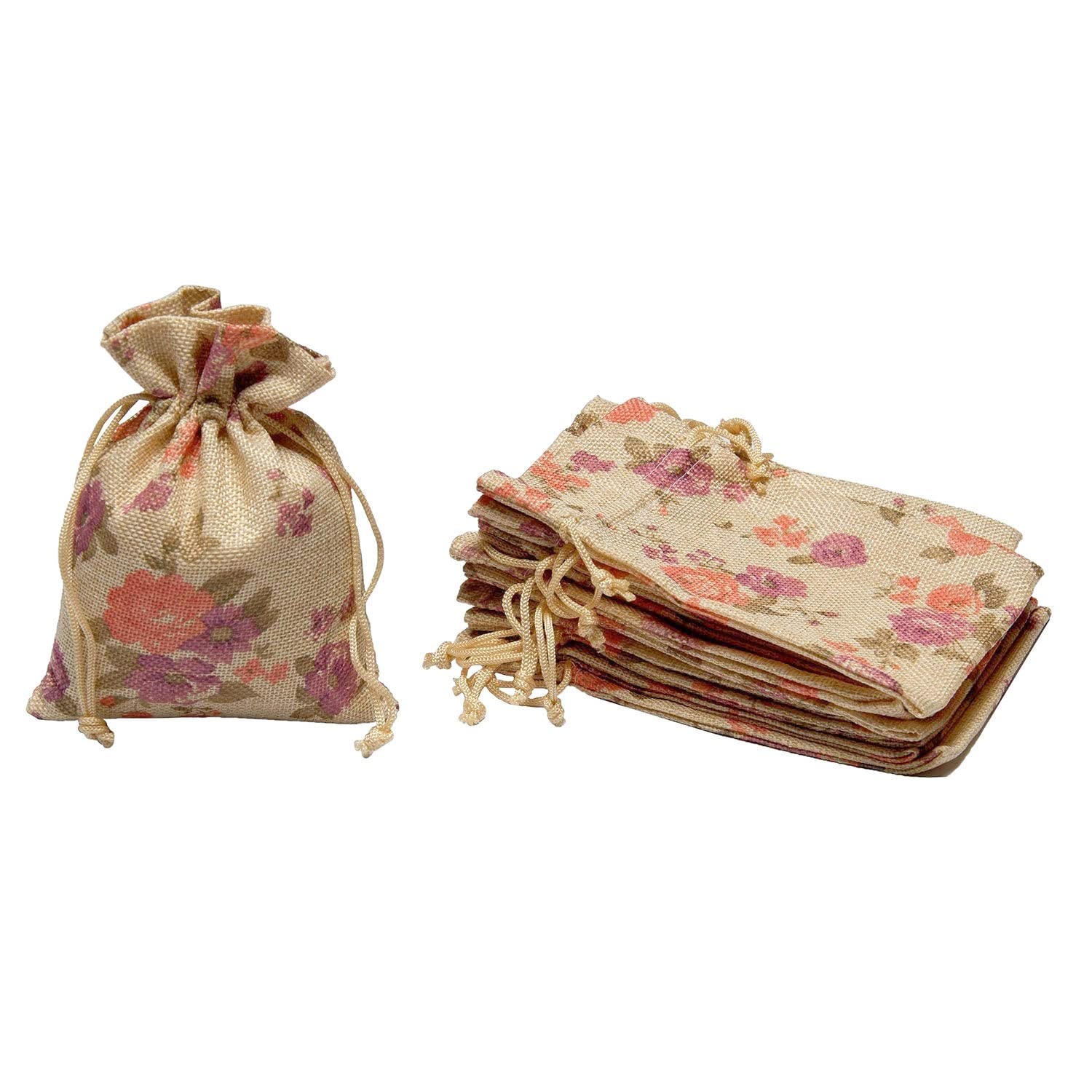 LifeKrafts 4x4 Inch (10x10 cm) Purple Floral Linen Gift Bags - Pack of 20 for Christmas, Party Favors, Wedding, Baby Shower & Return Gifts | Elegant Reusable Pouches for Jewelry, Candies, Small Presents