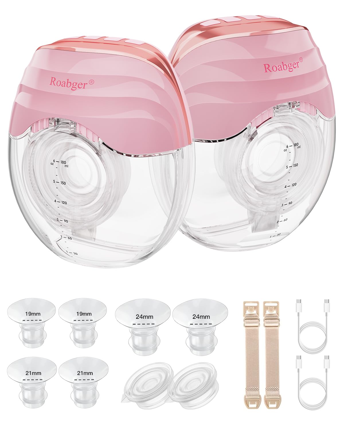 Roabger Hands Free Wearable Electric Breast Pump - 3 Modes & 8 Levels Adjustable, Ultra Quiet Painless Pumping with Time Display, Easy to Assemble & Clean (27mm Flange, 2 Pack) - Perfect for Working Moms, Travel & On-the-Go Breastfeeding