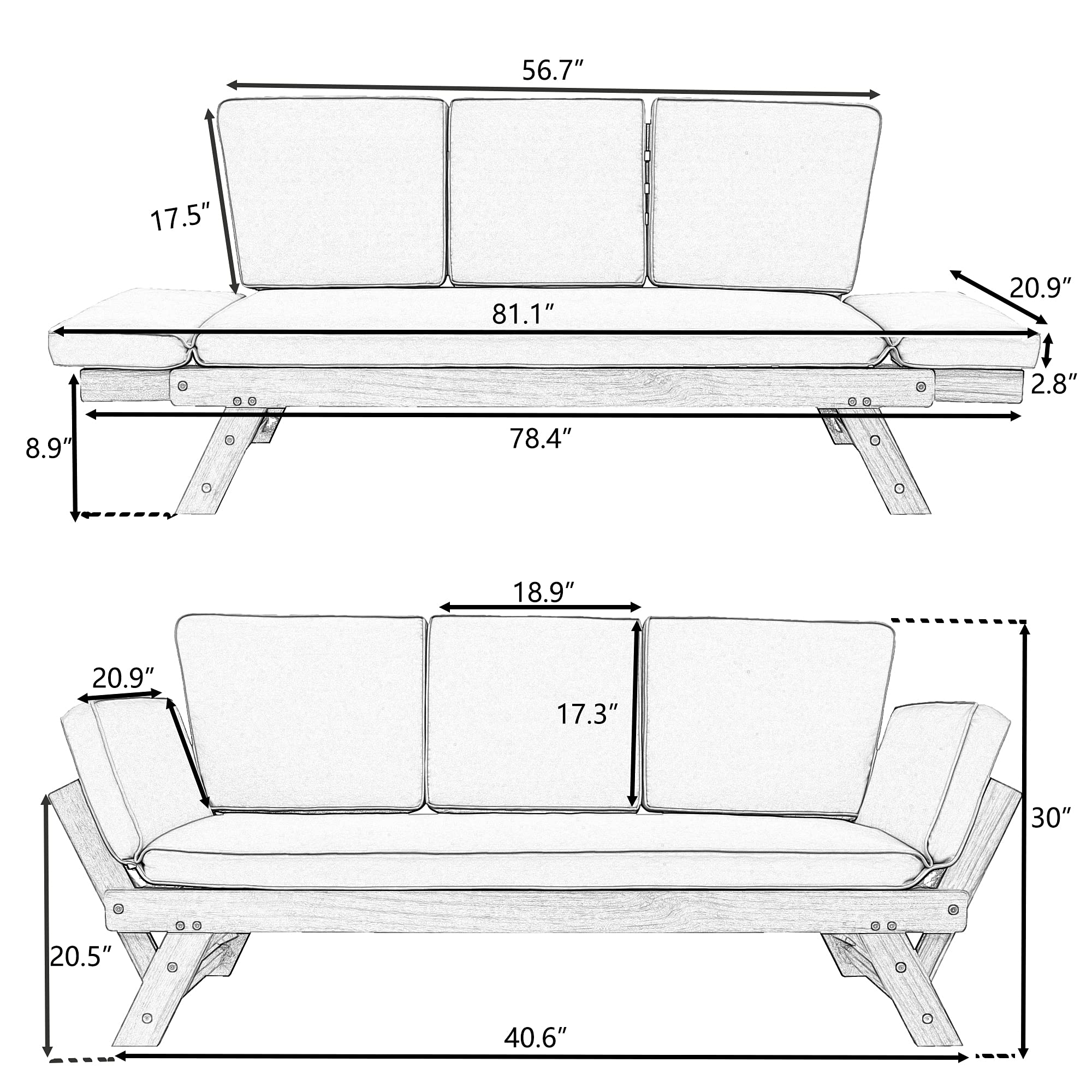 Merax Outdoor Patio Furniture Set - Adjustable Wooden Daybed & Sofa Chaise Lounge with Cushions (Brown & Gray) - Perfect for Backyard, Poolside & Garden Relaxation