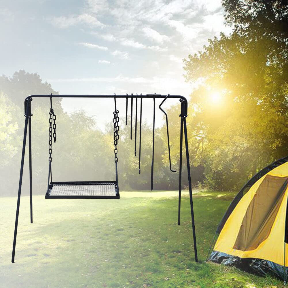 Heavy Duty Adjustable Height Swing Grill for Campfire Cooking - Steel Grate with Swivel & Bag Hooks - Perfect for Outdoor BBQ, Camping, Picnics & Open Fire Cooking - Black