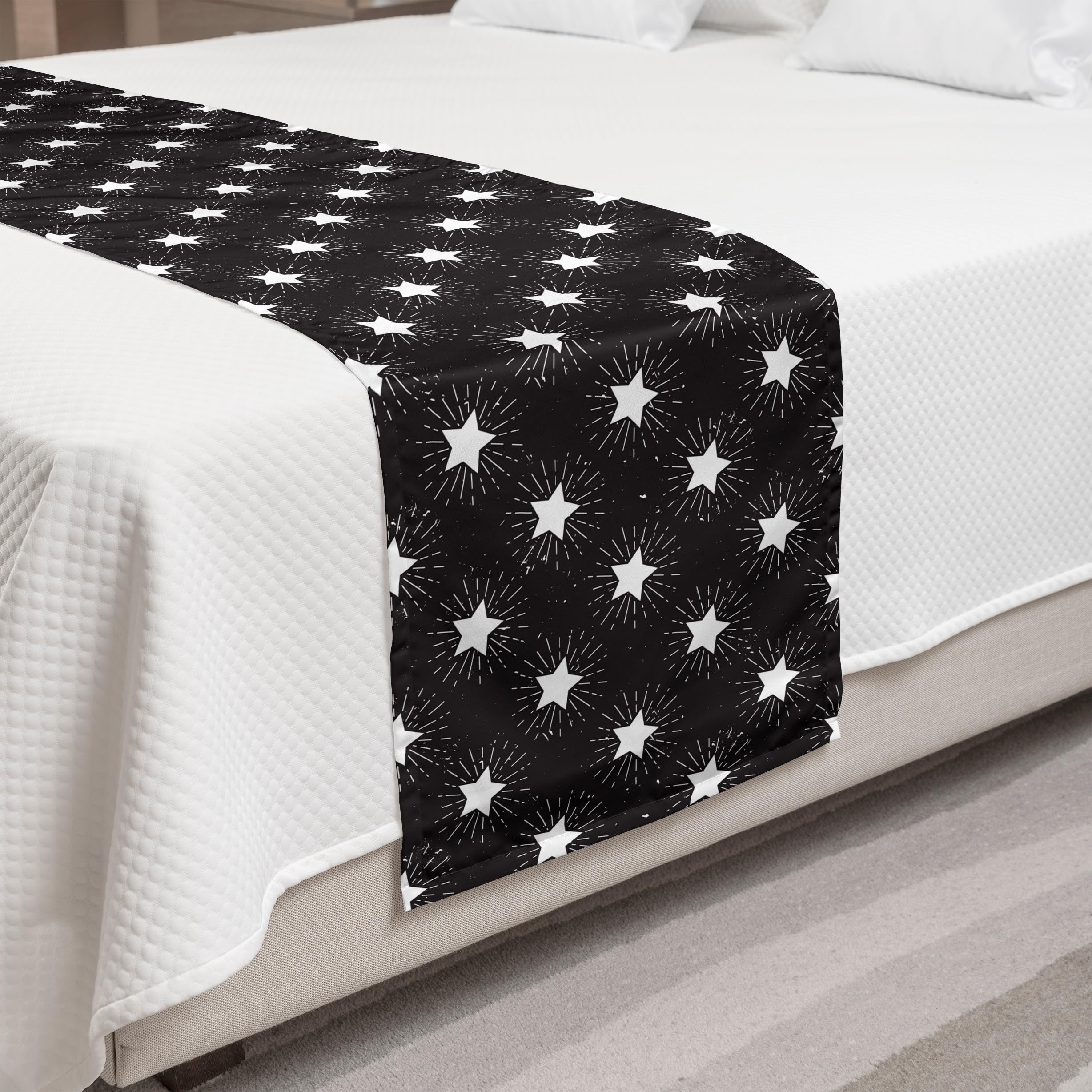 Ambesonne Black and White Stars Bed Runner - Grungy Doodle Stars & Rays Starburst Design - Decorative Bed Scarf for Hotels, Homes, Guestrooms - Perfect for Boho Bedroom Decor, Wedding Guest Beds & Airbnb Styling