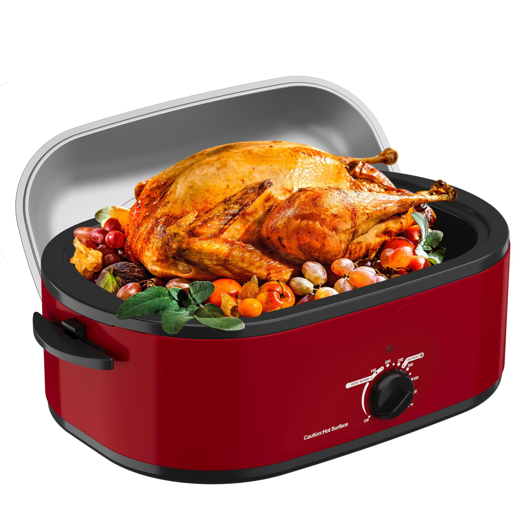 18 Quart Stainless Steel Electric Roaster Oven with Self-Basting Lid, Defrost & Warm Function, Adjustable Temperature, Removable Pan & Rack, Red – Perfect for Holiday Turkey, Roasts, and Large Family Gatherings