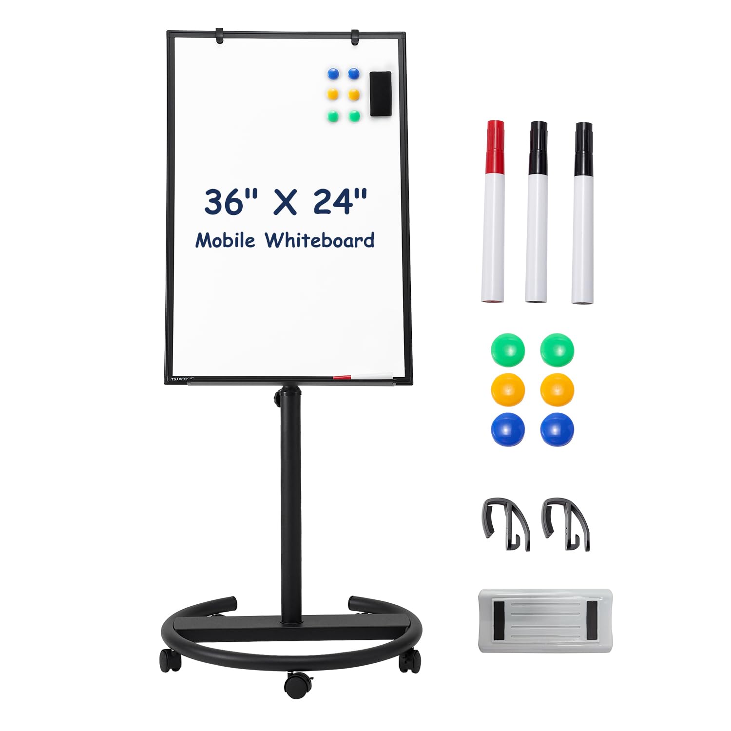 TSJ OFFICE 36x24 Inches Magnetic Dry Erase Whiteboard - Adjustable Height Rolling Mobile Whiteboard with Wheels & Flip Chart Hooks, Black - Perfect for Office Meetings, Classroom Presentations & Home Office Organization
