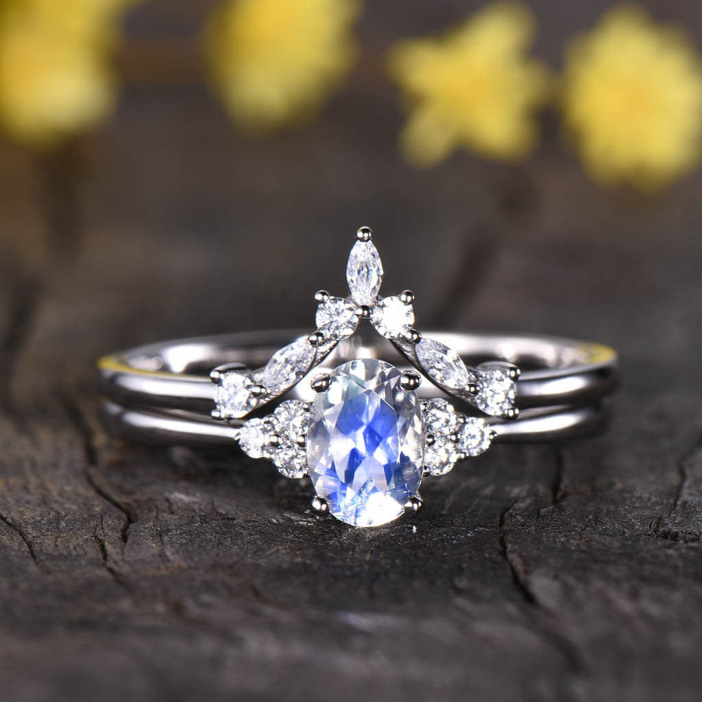1 Carat Rainbow Moonstone Engagement Ring Set with Cluster Diamond & Moissanite Curve Band - Art Deco Style Wedding Jewelry (2-Piece Set) for Bridal Shower, Anniversary & Special Occasion Gifts