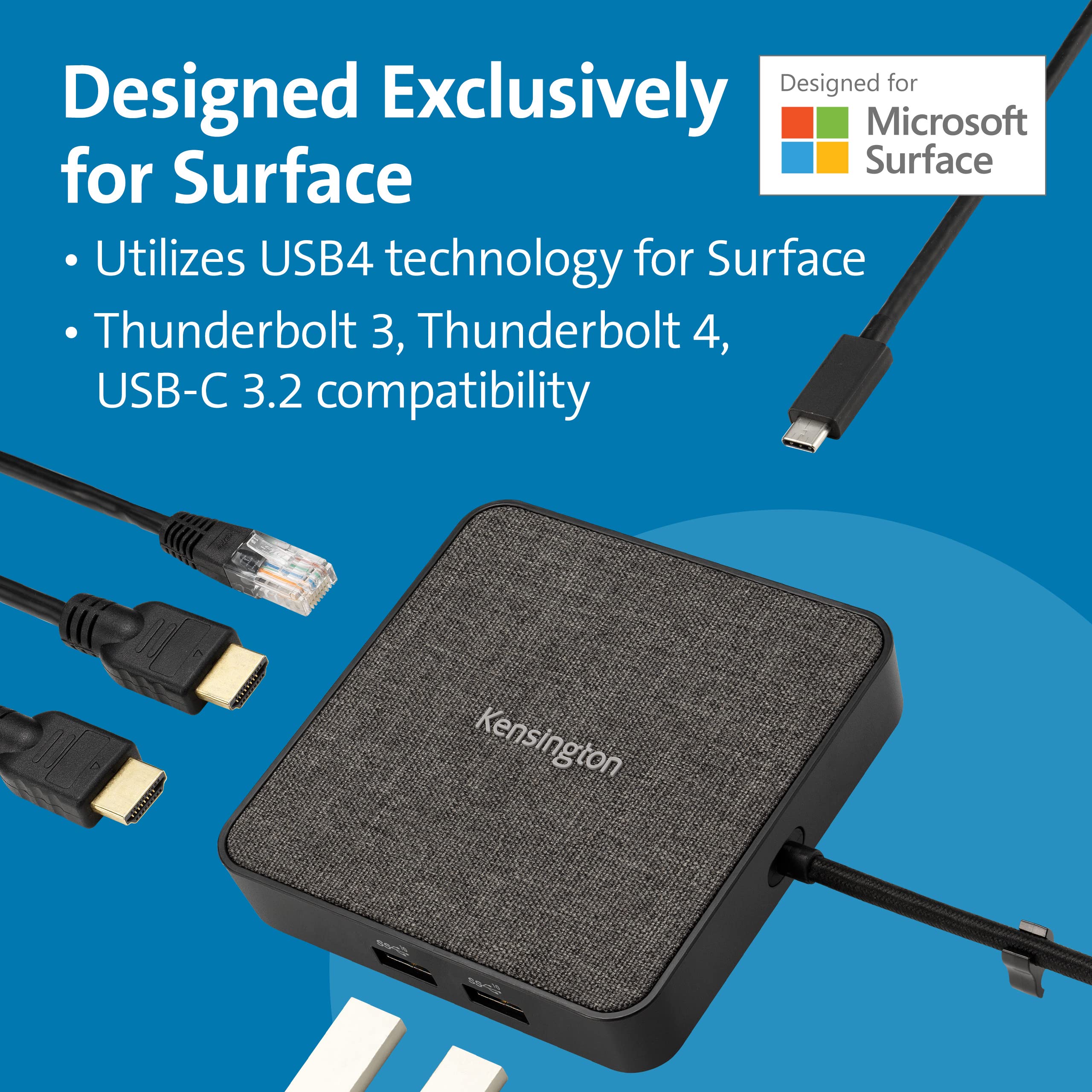 Kensington MD125U4 USB4 Docking Station for Microsoft Surface Laptops - Dual 4K/8K Monitor Support, Thunderbolt 3 & 4 Compatible, 2x HDMI, 2x USB-A 3.2, USB-C 3.2 - Perfect for Home Office & Remote Work Setup