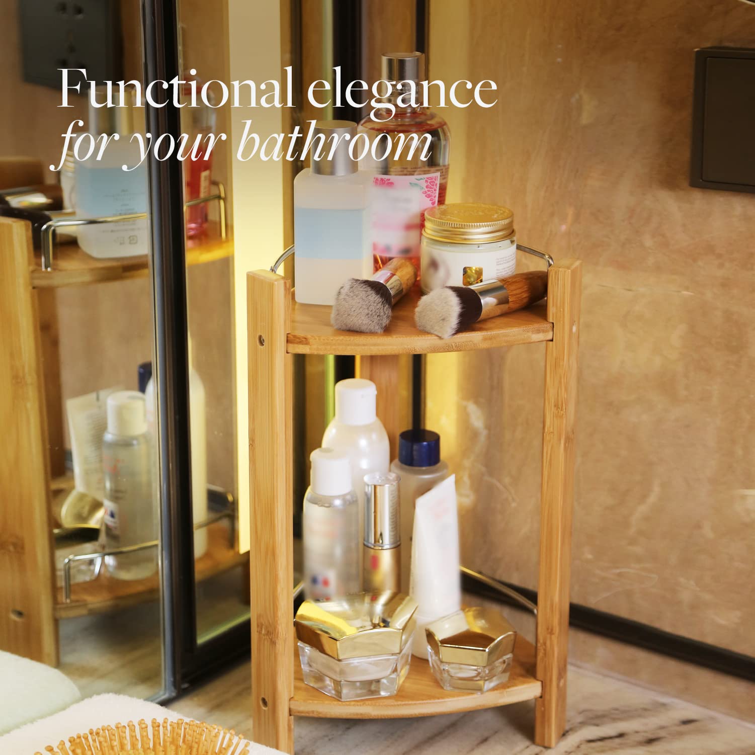 GOBAM Bamboo Shower Corner Caddy - 2 Tier Standing Shower Organizer for Shampoo, Conditioner, Soap & Beauty Products - Bathroom Storage Shelf for Kitchen, Bedroom or Office - Perfect for Small Spaces & Clutter-Free Showers