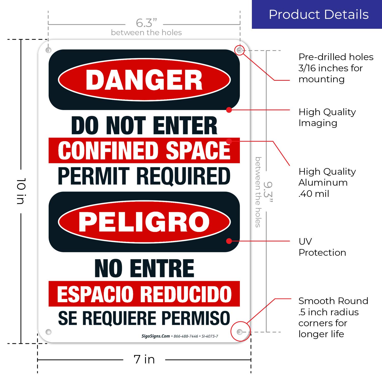 OSHA Danger Sign - Do Not Enter Confined Space Bilingual Warning Sign (10x7 Inch) | Rust-Free .040 Aluminum | Fade-Resistant for Indoor & Outdoor Use | Made in USA | Ideal for Construction Sites, Warehouses & Industrial Safety Areas