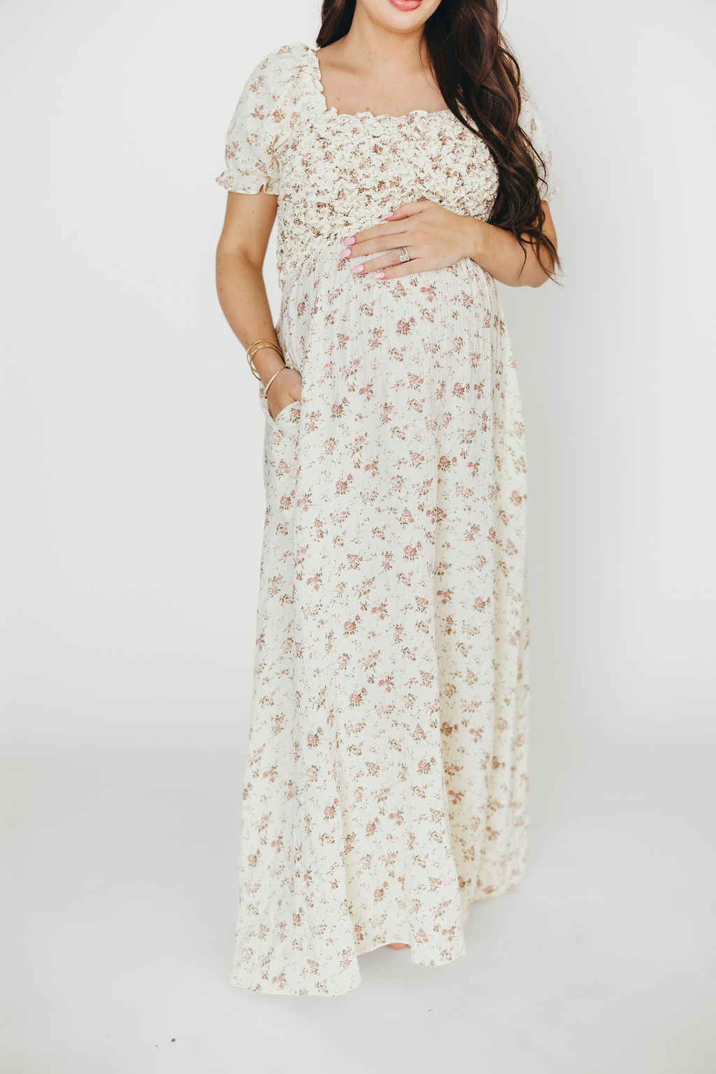 Emilia 100% Cotton Smocked Maxi Dress - Ivory/Mauve Floral Print, Bump Friendly Maternity Dress for Women | Perfect for Beach Vacations, Summer Weddings & Casual Outings