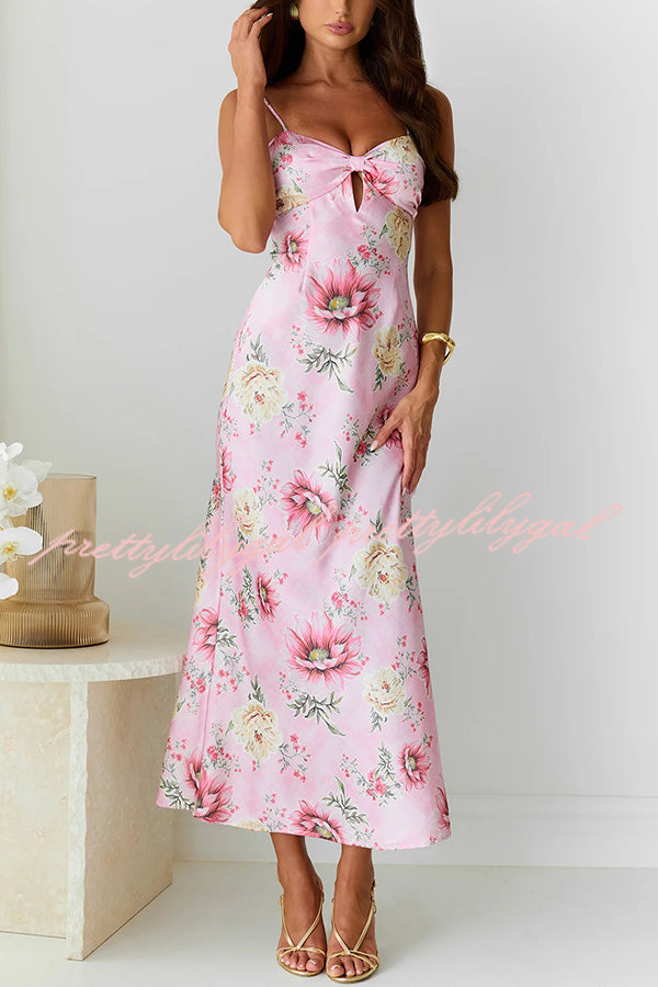 Elegant Satin Floral Print Cutout Bust Midi Dress for Women | Summer Beach Wedding Guest Dress | Perfect for Vacations, Date Nights & Special Occasions