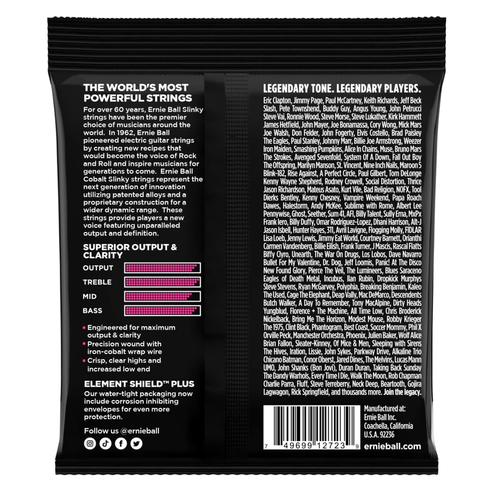 Ernie Ball Super Slinky Cobalt Electric Guitar Strings 9-42 Gauge (P02723) - Bright Tone & Longevity for Rock, Blues & Metal Performances