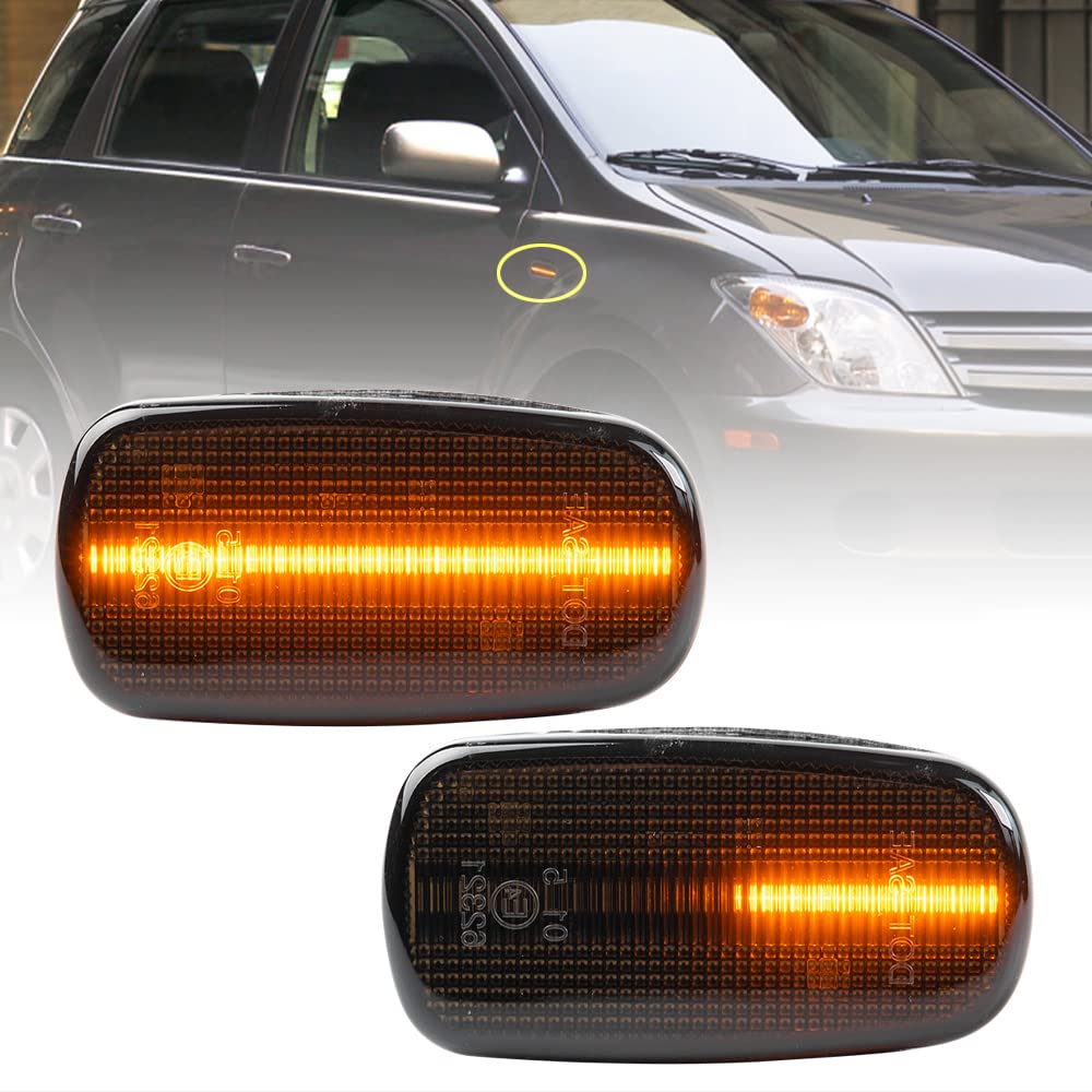 2003-2006 Toyota Scion XA XB LED Amber Dynamic Sequential Side Marker Lights - Smoked Lens Front Fender Blinker Lamps - Perfect for Night Driving & Custom Car Styling