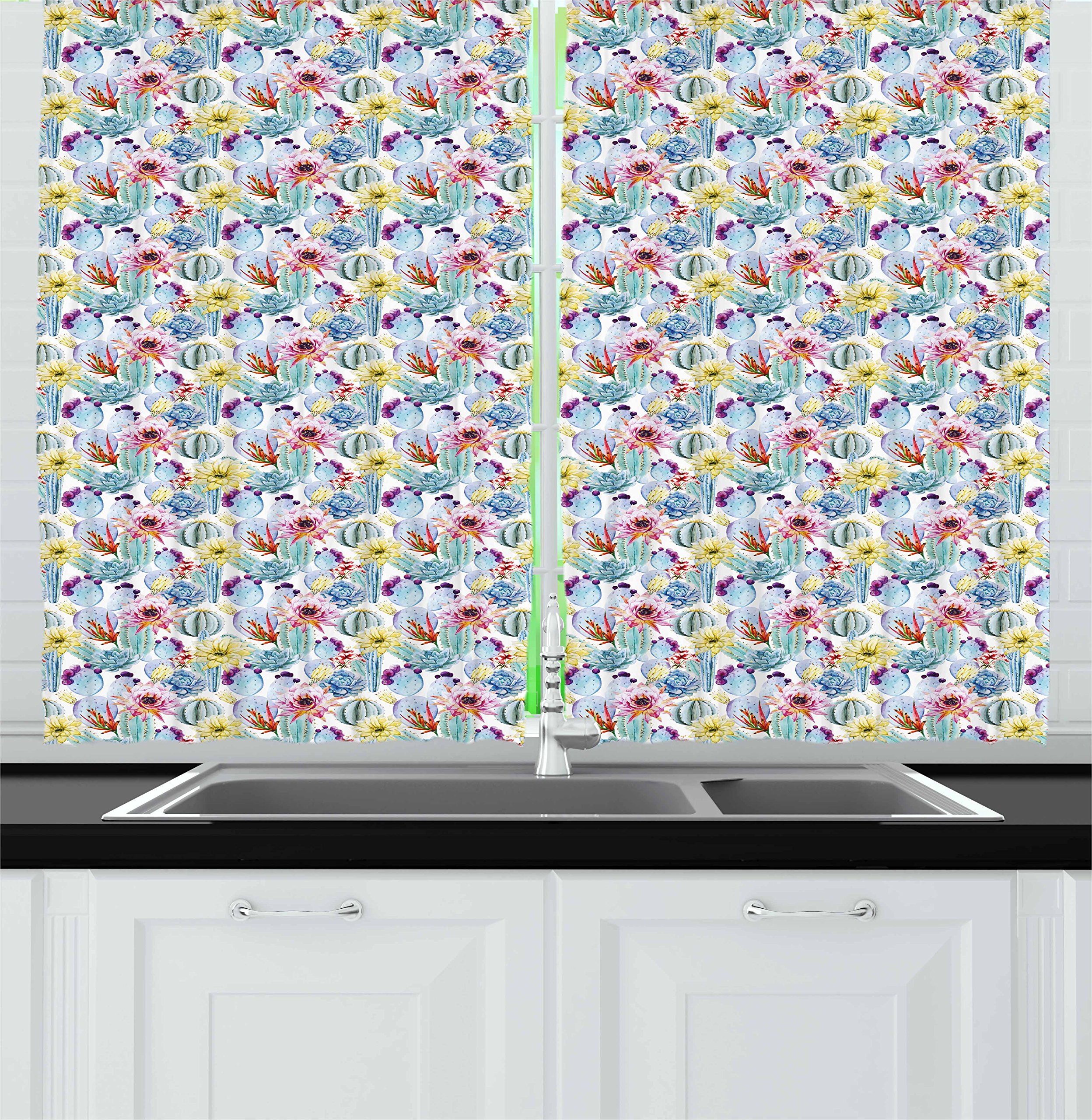 Ambesonne Vintage Cactus Kitchen Curtains Set of 2 Panels - Watercolor Succulents Latin American Botanical Design, 55