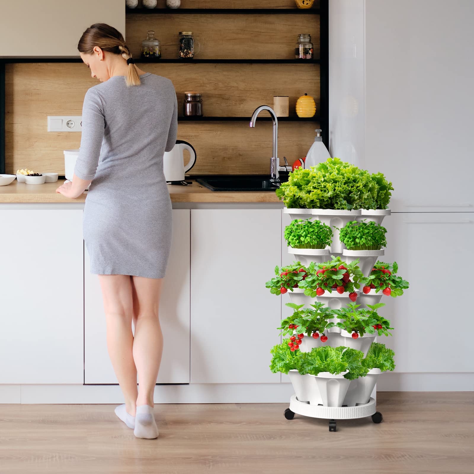6 Tier Stackable Strawberry Planter with Support Pole - Vertical Garden Tower for Herbs, Vegetables, Fruits - Indoor & Outdoor Use (White) | Perfect for Small Spaces, Balconies, Patios & Urban Gardening
