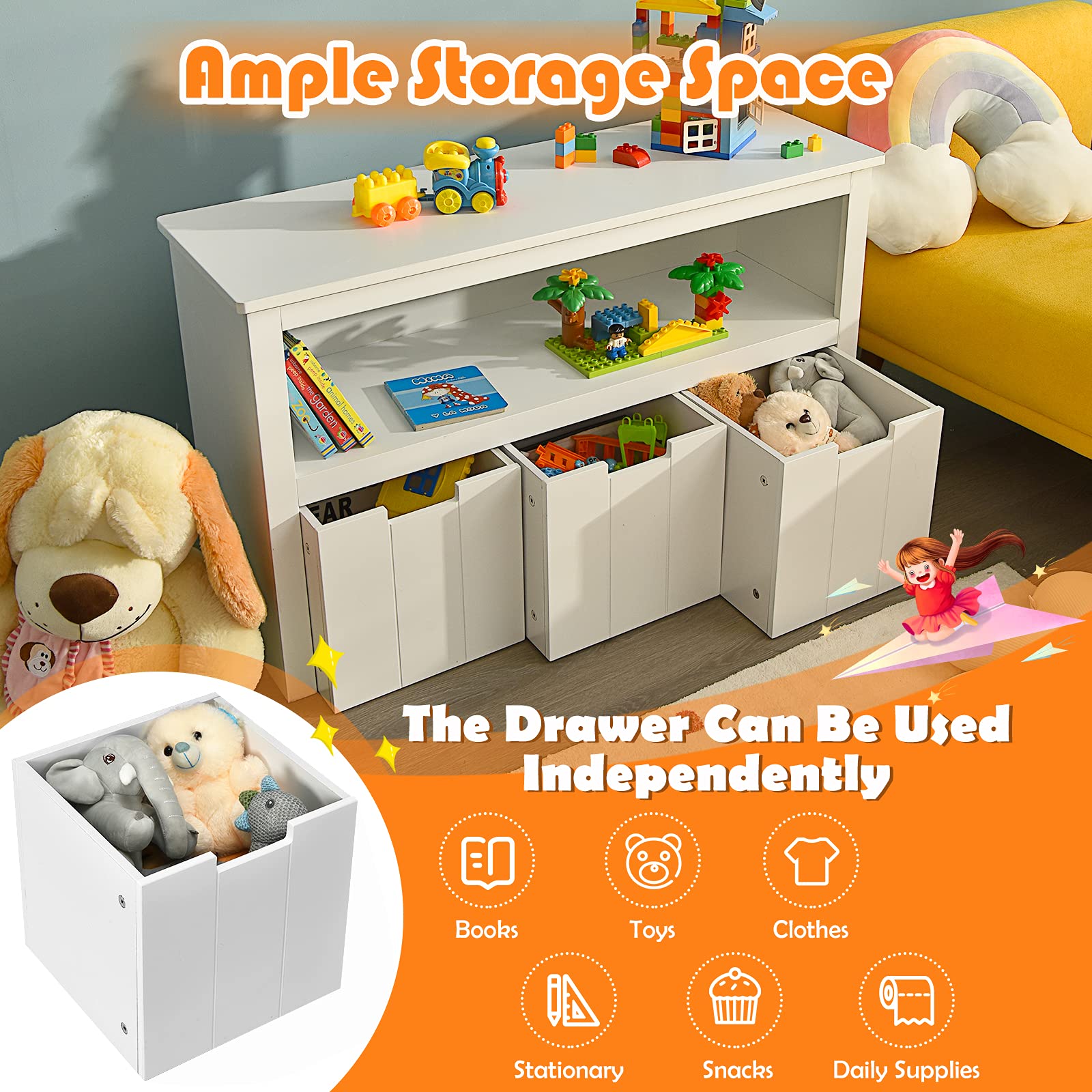 3-Drawer Storage Cabinet for Kids Toys with Large Open Shelf & Hidden Wheels - 2-in-1 Multifunctional Organizer for Bedroom, Living Room, Office - White | Perfect for Toy Storage, Home Organization & Small Space Furniture