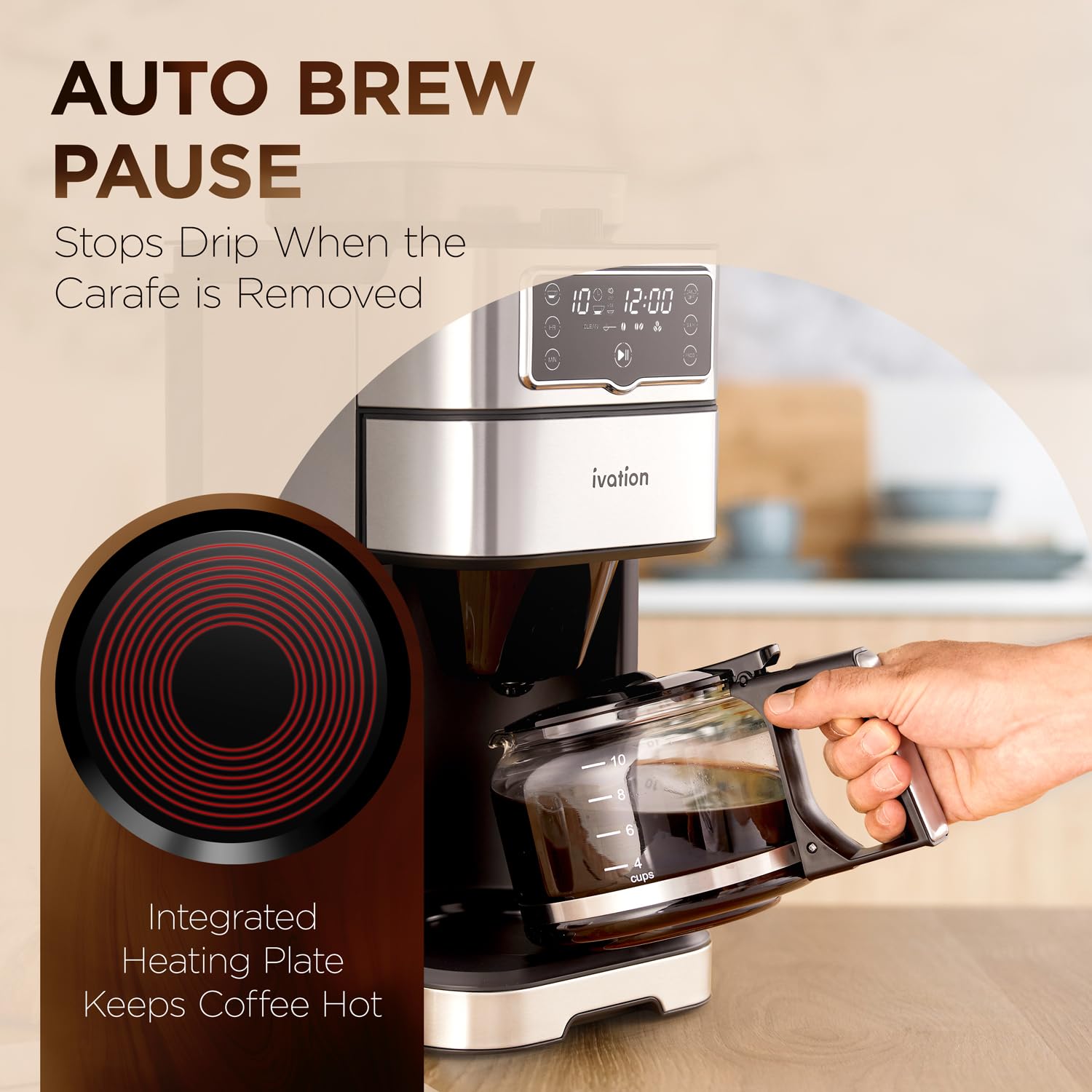 Ivation 2-in-1 Drip Coffee Maker with Built-in Grinder - Programmable Auto Brew Coffee Machine with Timer, 10 Cup Capacity & 1.5L Water Tank - 1000W with Warming Plate & Reusable Filter - Pause and Serve Feature - Perfect for Home, Office or Restaurant Use