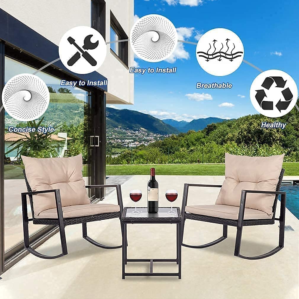 Best 3-Piece Outdoor Patio Furniture Set - PE Rattan Wicker Rocking Chairs with Glass Table - Perfect for Porch, Garden, Backyard & Poolside Relaxation