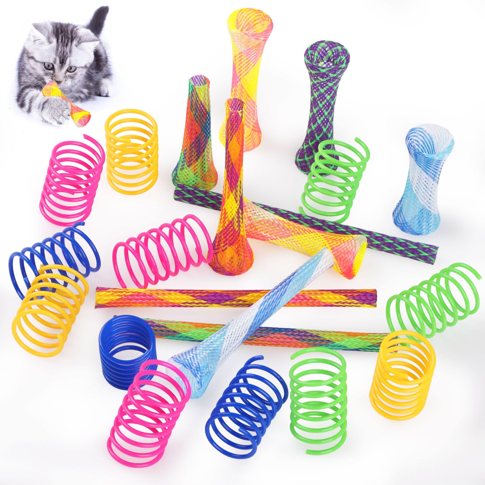 Bighan 22-Piece Colorful Cat Toy Set - 12 Spring Toys + 10 Mesh Pole Toys for Swatting, Biting & Hunting - Interactive Kitten Toys for Active Play & Exercise - Perfect for Indoor Playtime & Stimulating Natural Hunting Instincts