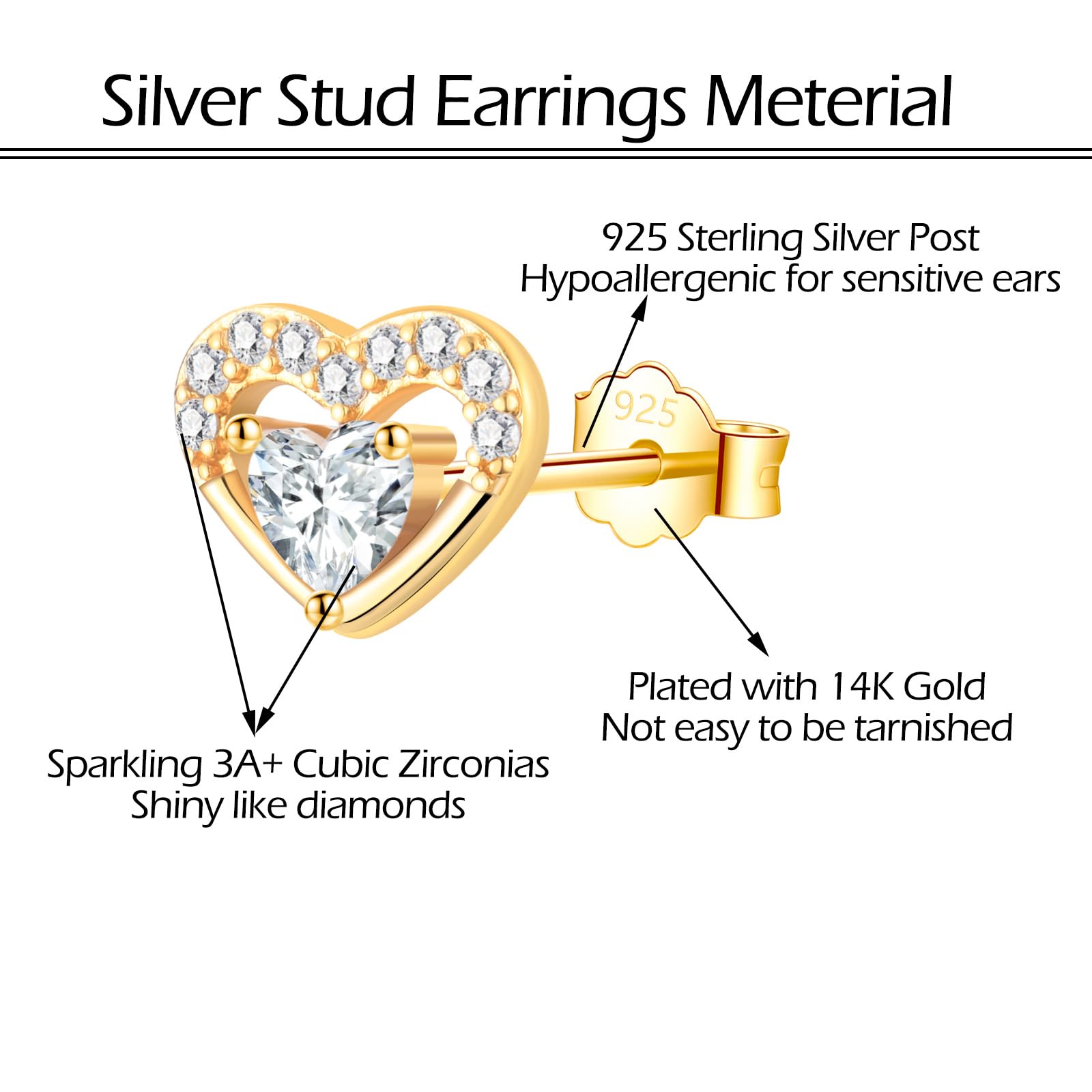 Hypoallergenic Silver Stud Earrings for Women & Girls - Small Heart Cubic Zirconia Cartilage Earrings | Helix, Piercing & Sleeper Studs | Perfect Jewelry Gift for Birthday, Wedding & Everyday Wear