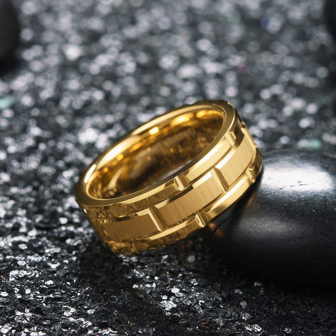 King Will Classic Men's 8mm Tungsten Carbide Wedding Band - Silver/Black/Gold/Rose Gold - Brick Pattern with Groove Center & Brushed Finish - Comfort Fit Ring for Men - Perfect for Weddings, Anniversaries, and Everyday Wear