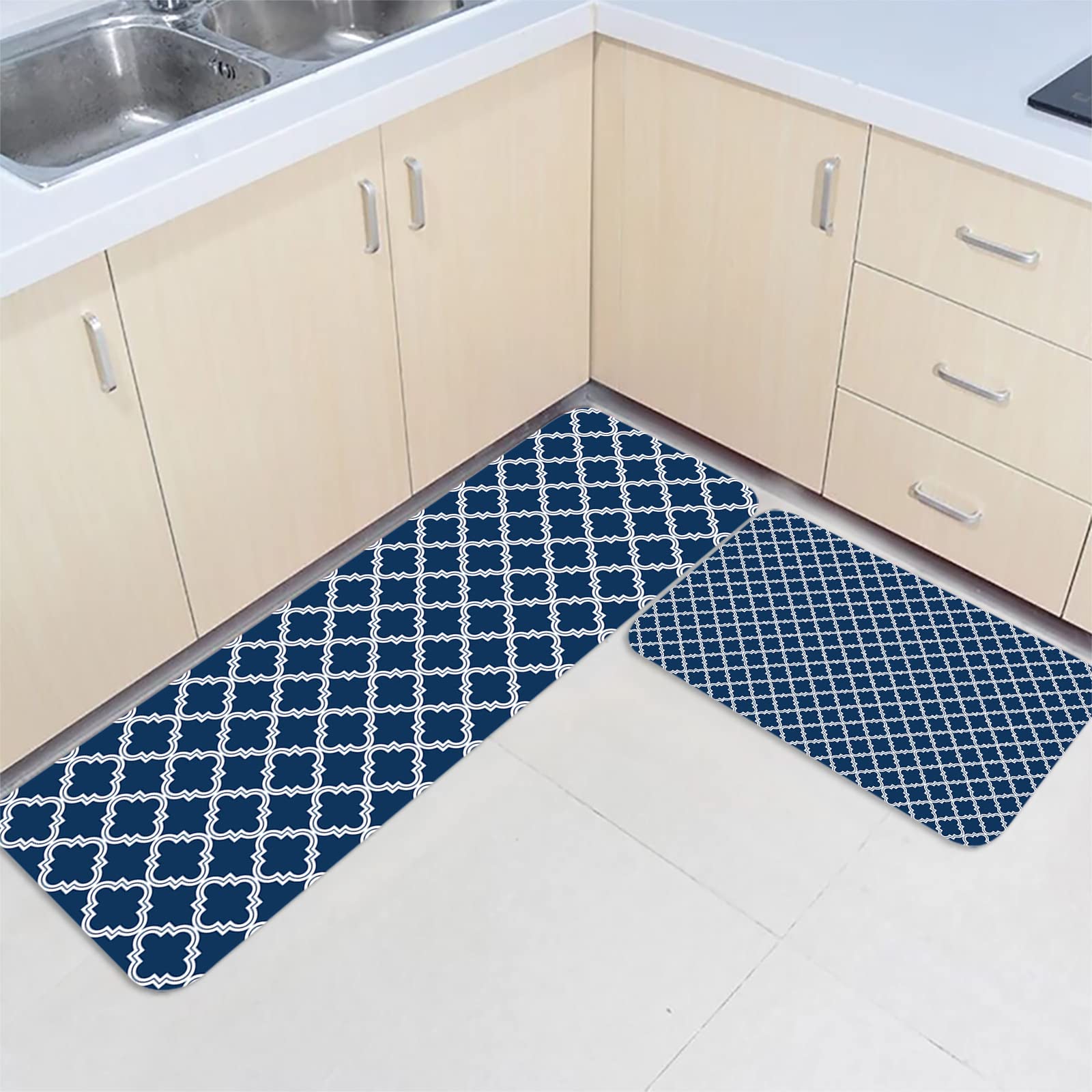 Non-Slip Washable Kitchen Rugs 2-Piece Set - Blue Moroccan Design for Sink & Bathroom