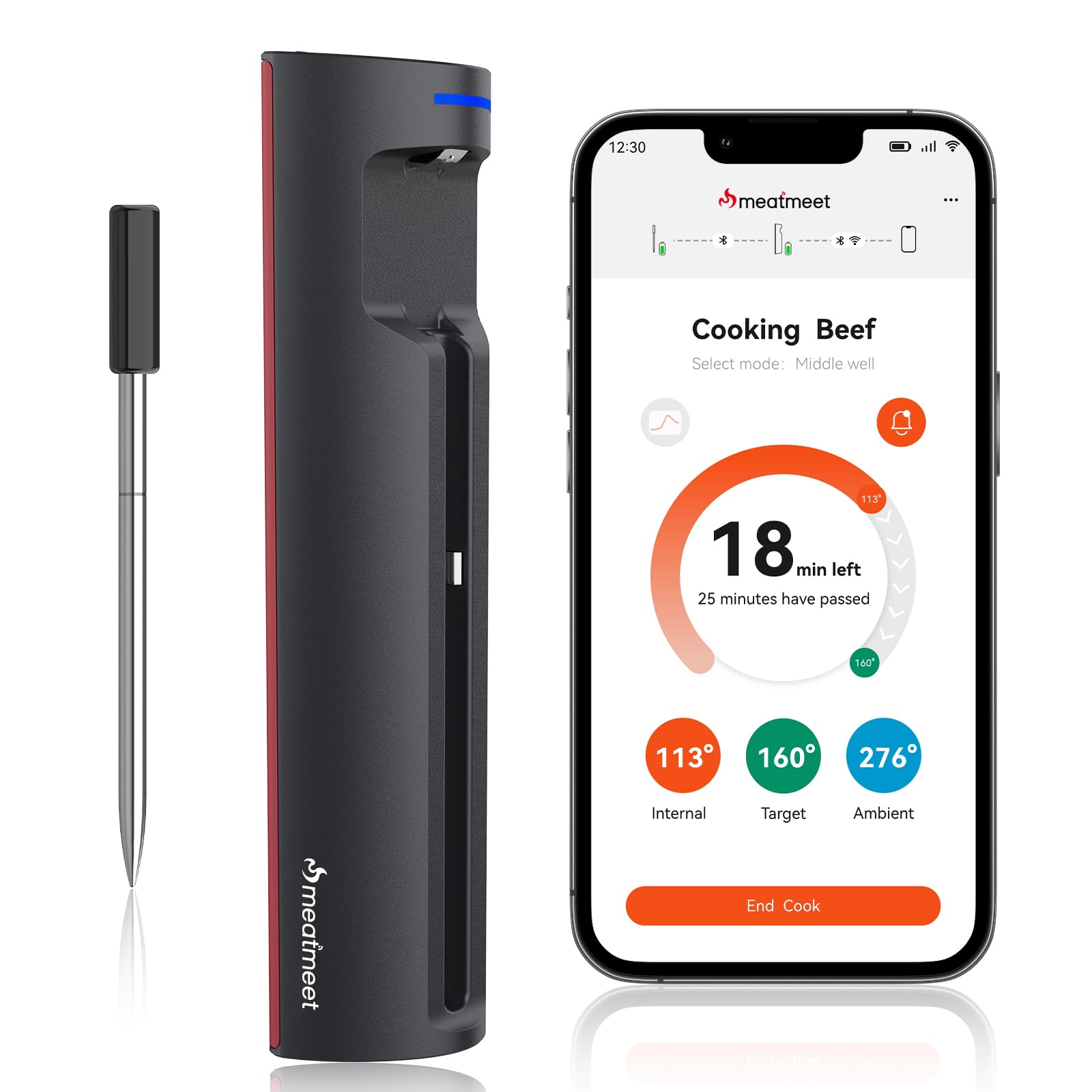 Smart WiFi Wireless Meat Thermometer with Bluetooth - Long Range Digital Food Thermometer for Oven, Grill, BBQ & Kitchen - Ultra Thin Probe for Steak, Chicken, Turkey & Rotisserie Cooking