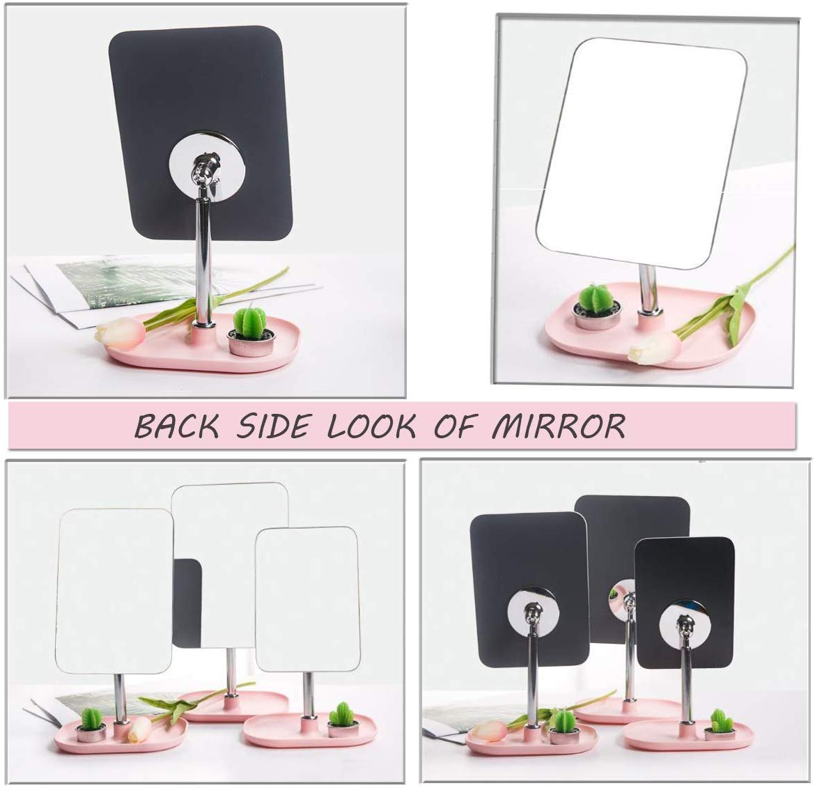 BIRMON Pink Metal Tabletop Vanity Mirror with Removable Handle - Frameless Rectangular Makeup Mirror for Dressing Table, Bathroom, and Bedroom