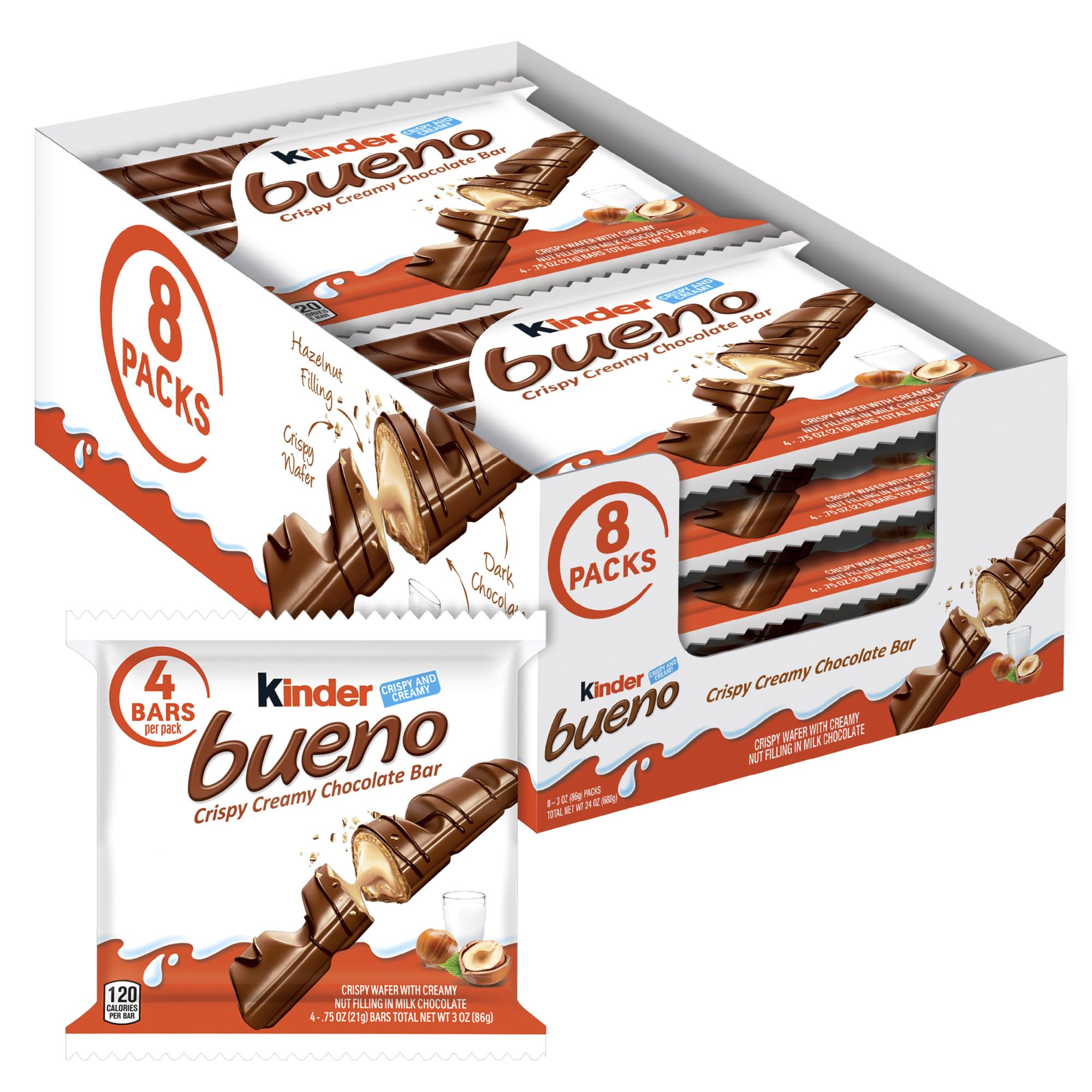 Kinder Bueno Bulk 8 Pack - Milk Chocolate Hazelnut Cream Candy Bars (4 Bars Per Pack, 3 Oz Each) - Individually Wrapped for Freshness - Perfect for Holiday Gifts, Stocking Stuffers & Office Snacks