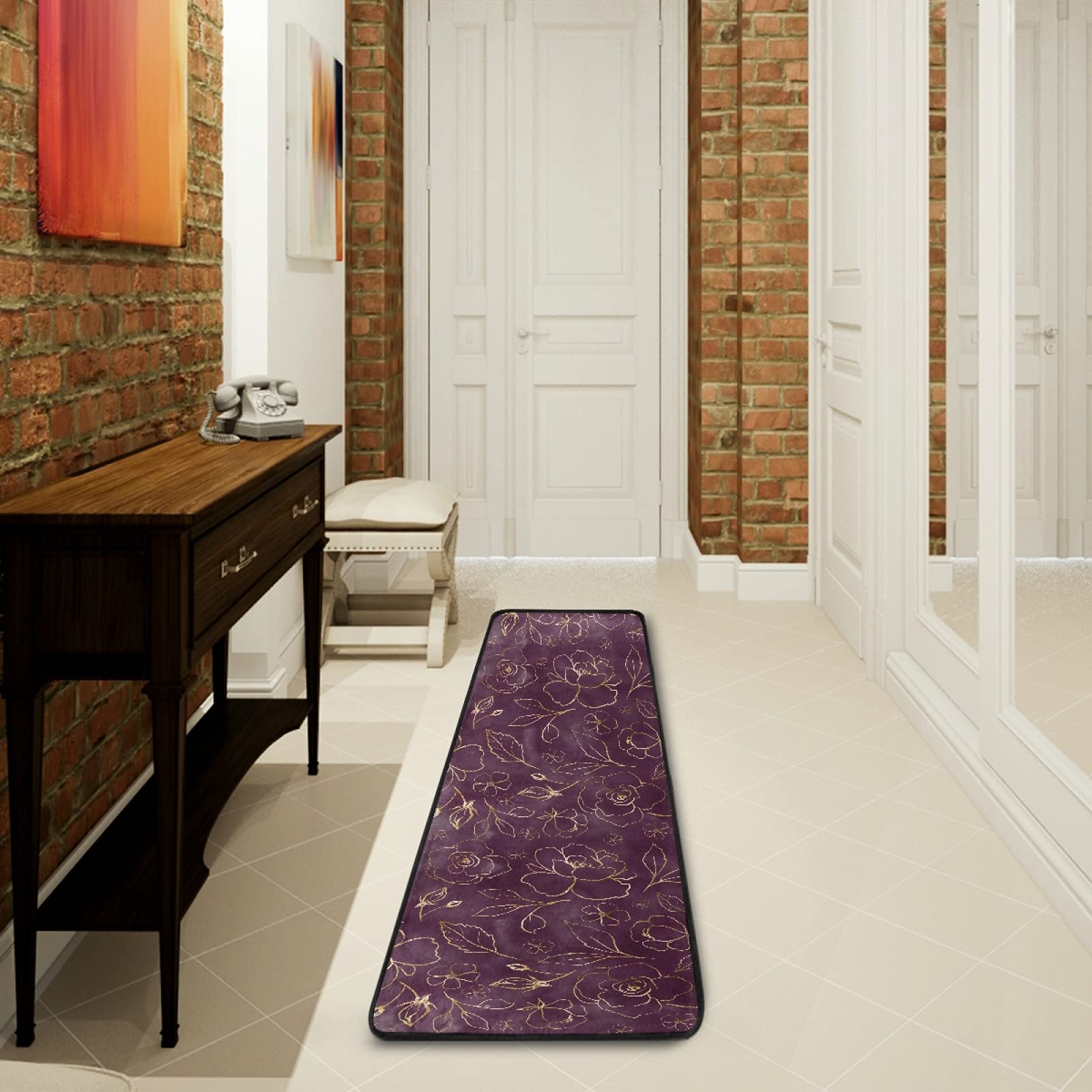Non-Slip Gold Floral Runner Rug 2x6 FT - Rose & Leaves Pattern Indoor Carpet for Hallway, Kitchen, Bedroom Entry | Soft Washable Area Mat for Bathroom, Living Room & High Traffic Areas