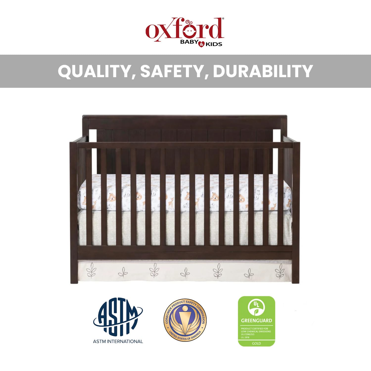 Oxford Baby Lazio 4-in-1 Convertible Baby Crib - Espresso Brown - GreenGuard Gold Certified - Safe Nursery Crib for Newborns to Toddlers - Perfect for Nursery, Bedroom & Daycare