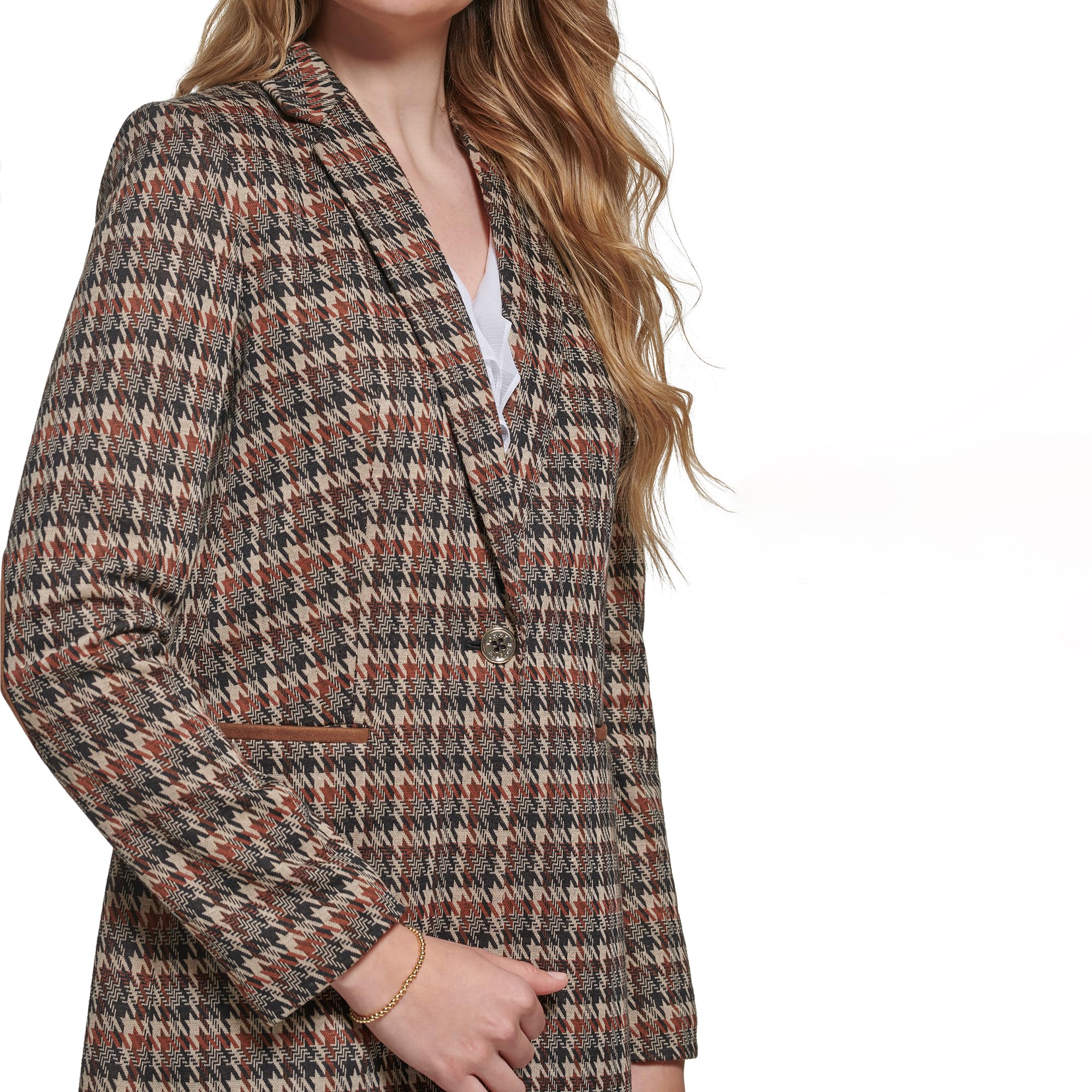 Tommy Hilfiger Women's Long Plaid Fitted Single Button Blazer Jacket - Stylish Office Wear & Business Casual Outfit for Professional Women