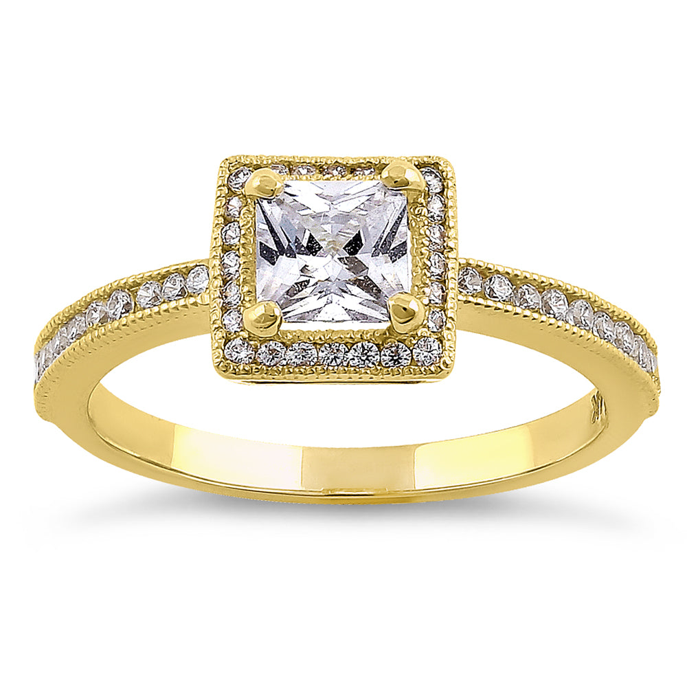 14K Yellow Gold Princess Cut Halo CZ Engagement Ring for Women - Elegant Cubic Zirconia Wedding Band, Promise Ring, Anniversary Gift for Her